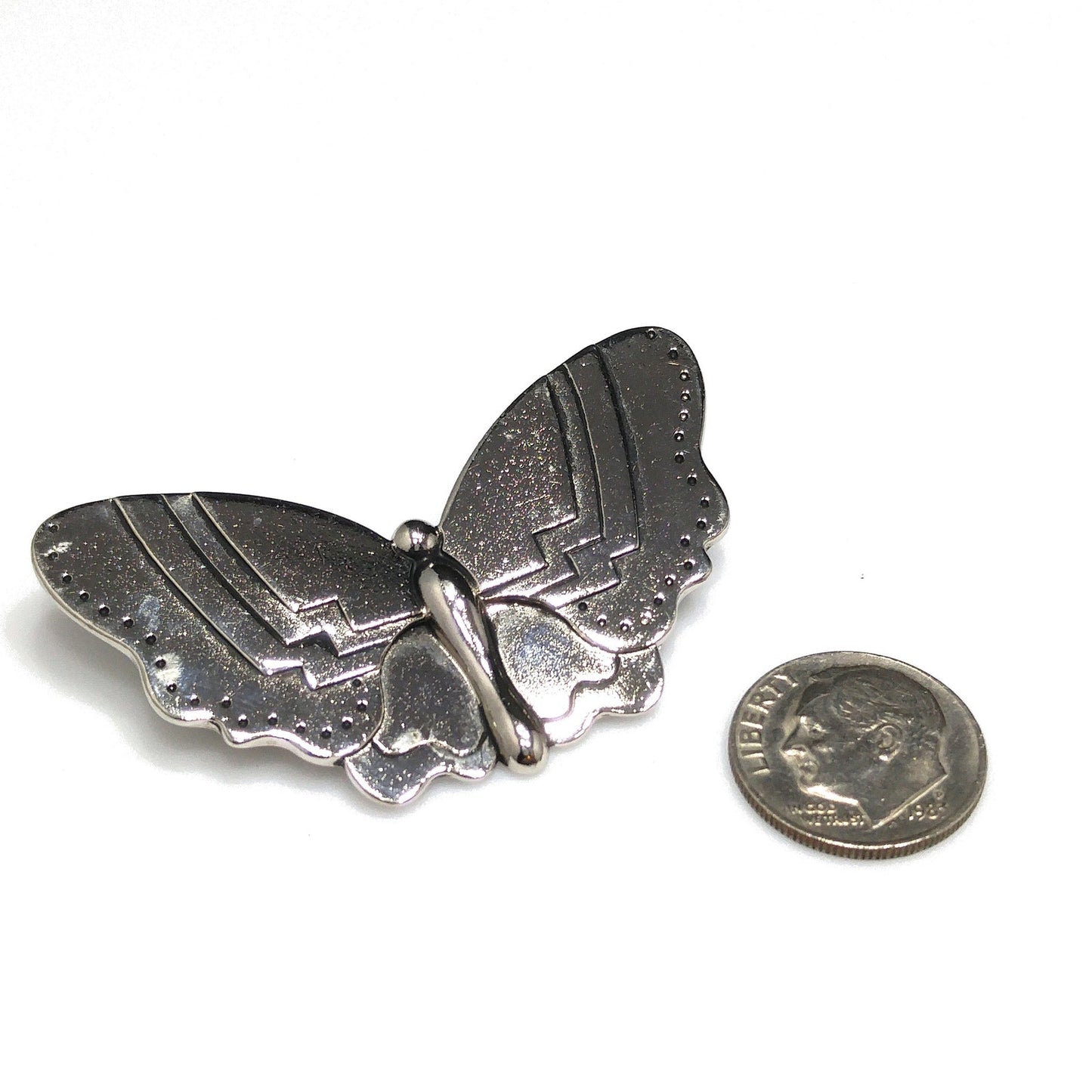 Laurel Burch Butterfly Brooch, Rhodium Plated, Black Enamel, 1980s Vintage Jewelry