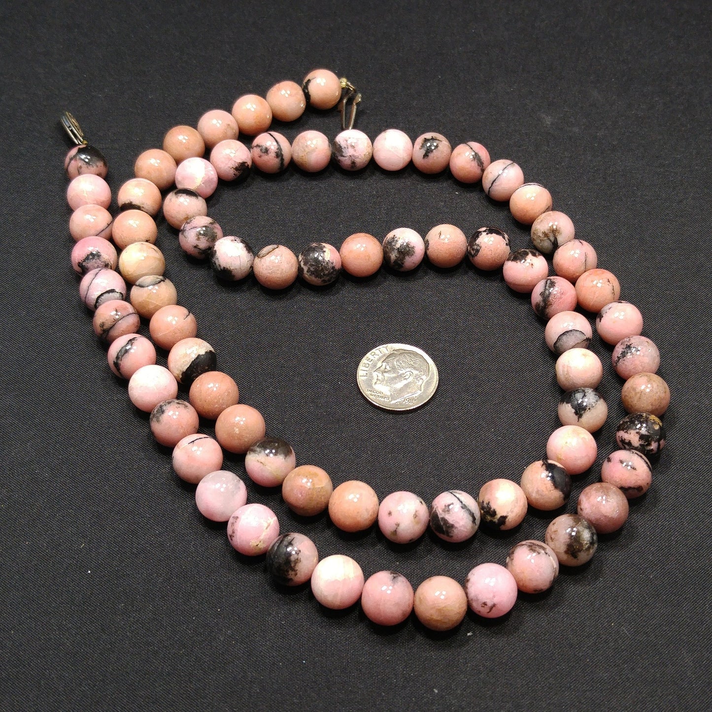 Pink Black Gemstone Beaded Necklace, Rhodonite 10mm Beads, 1970s Vintage Jewelry