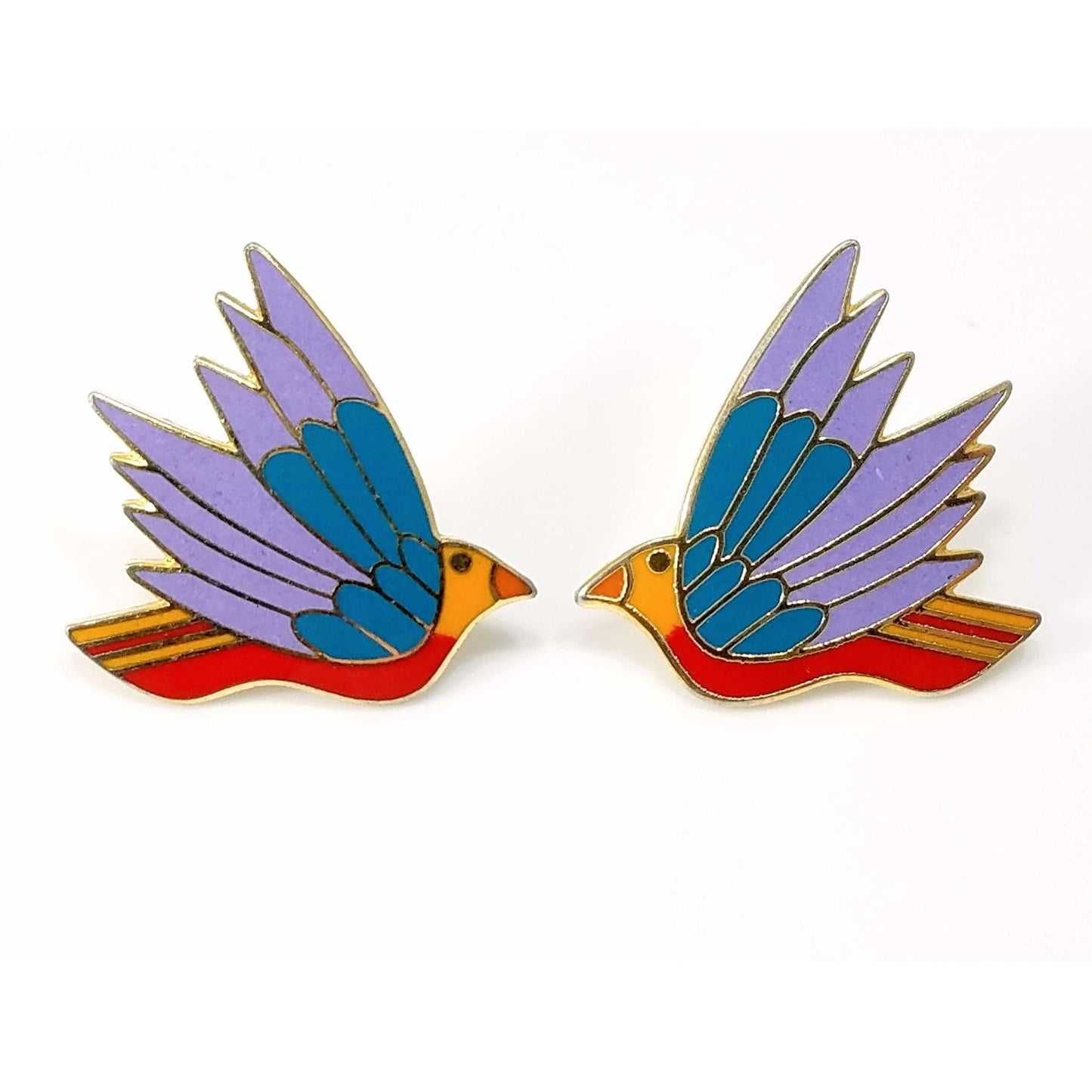 Laurel Burch "Celeste" Bird Earrings, Gold Plated Cloisonne Enamel, 1980s