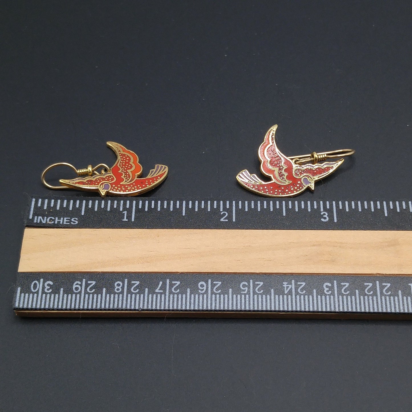 Vintage Laurel Burch "Kris" Red Bird Earrings, Cloisonne Enamel, Gold Plated
