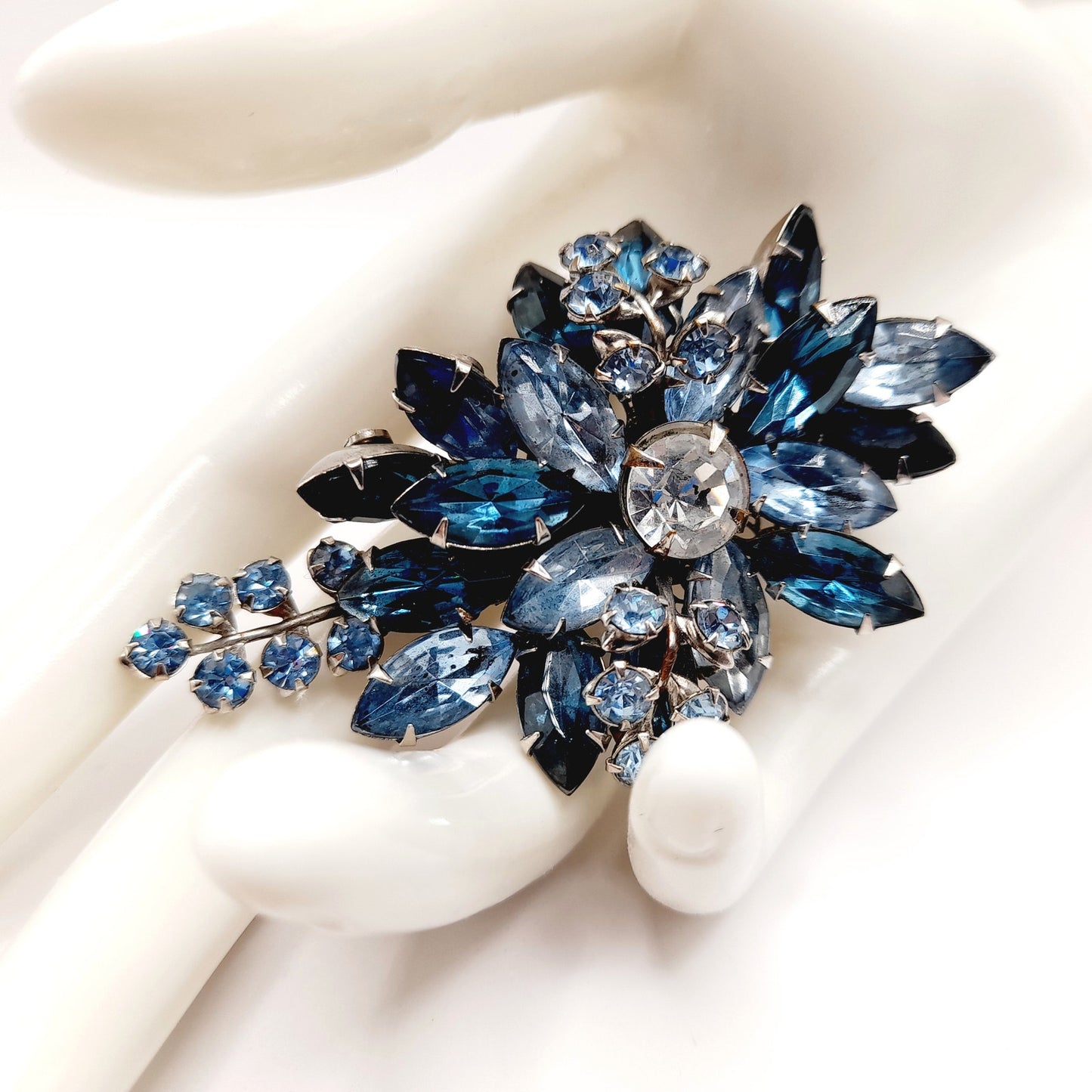 Vintage Blue Rhinestone Floral Spray Brooch, Sapphire Clear Stones, 1950s Jewelry