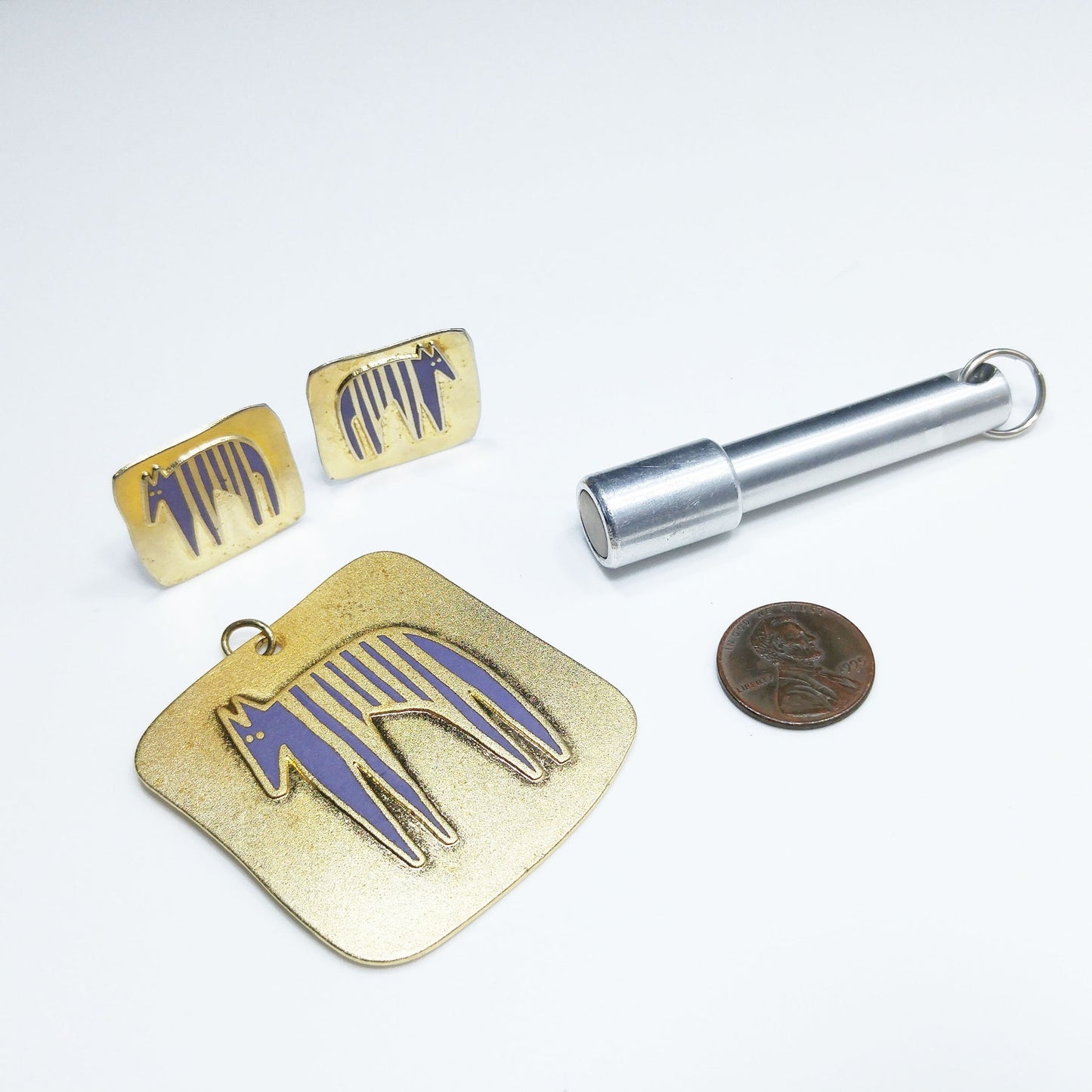 Laurel Burch "Striped Beast" Pendant & Earrings, Brass Purple Enamel, 1980s
