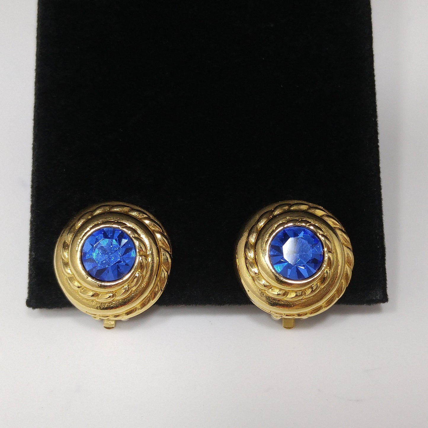 Swarovski Blue Crystal Clip Earrings, Gold Plated Round, 1990s Vintage