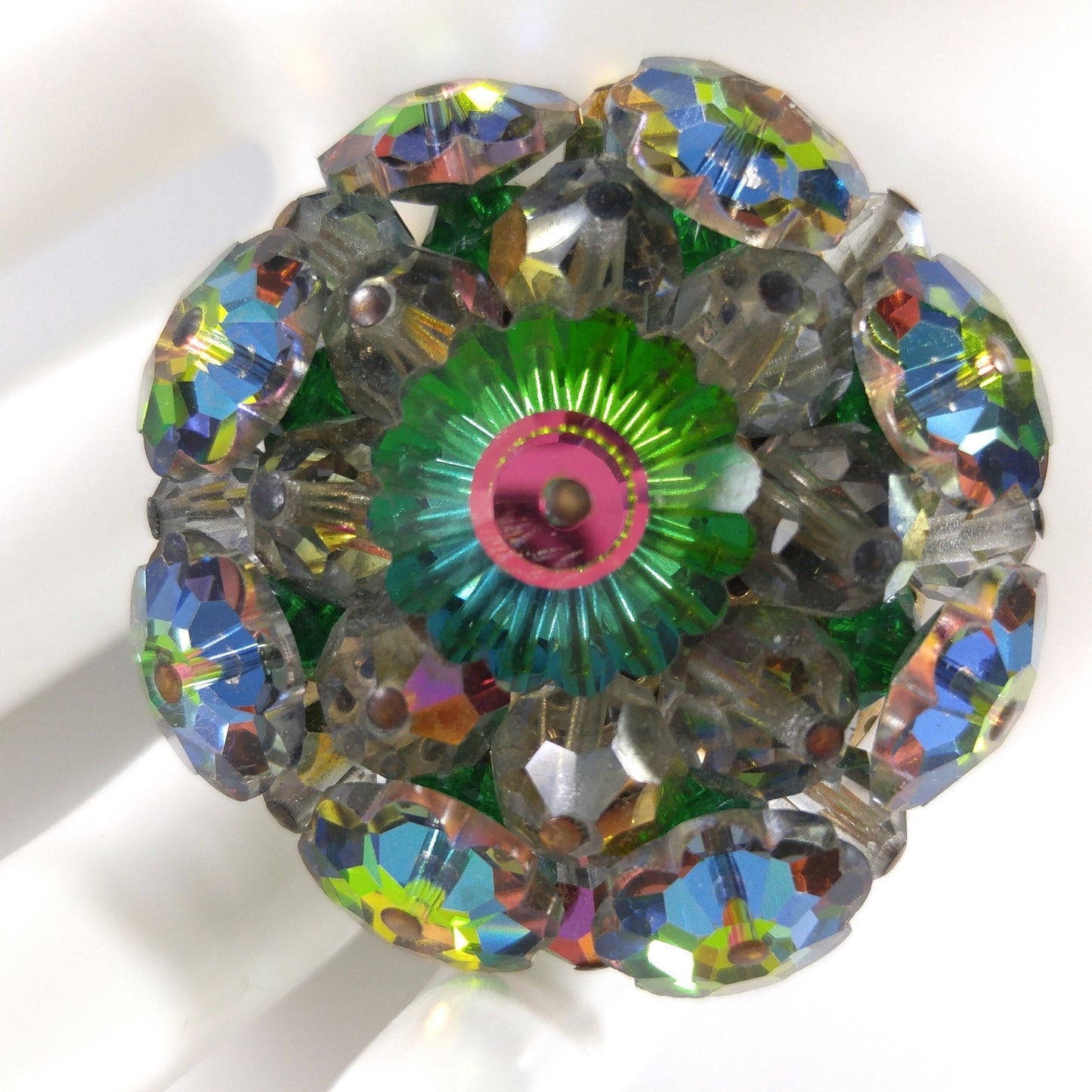 Margarita Rhinestone Round Brooch, Green Pink Blue Floral Crystals, 1960s Vintage Jewelry