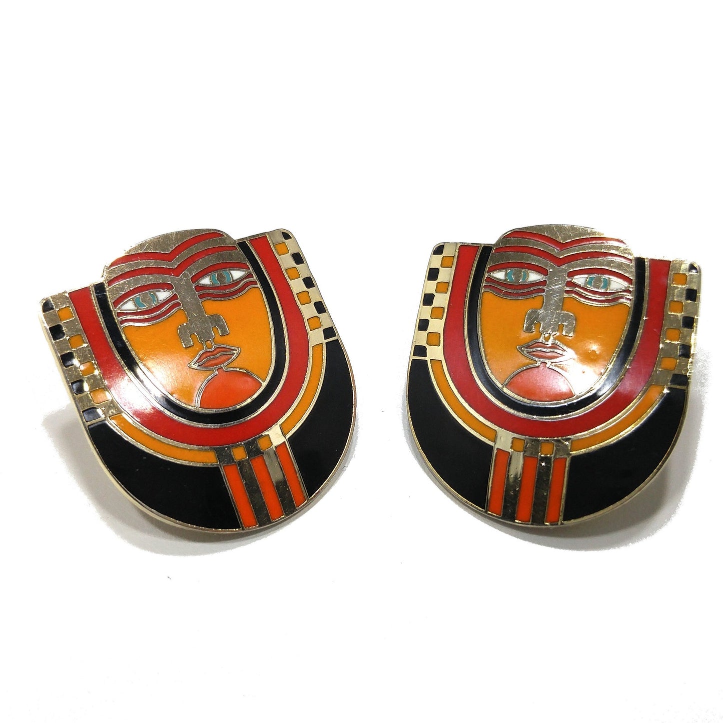 Laurel Burch "Maori" Tribal Face Mask Post Earrings, Cloisonne Enamel, 1980s