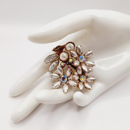 Vintage 1950s Pearl Rhinestone Floral Brooch, Aurora Borealis Crystals, Gold Tone Mid-Century Jewelry