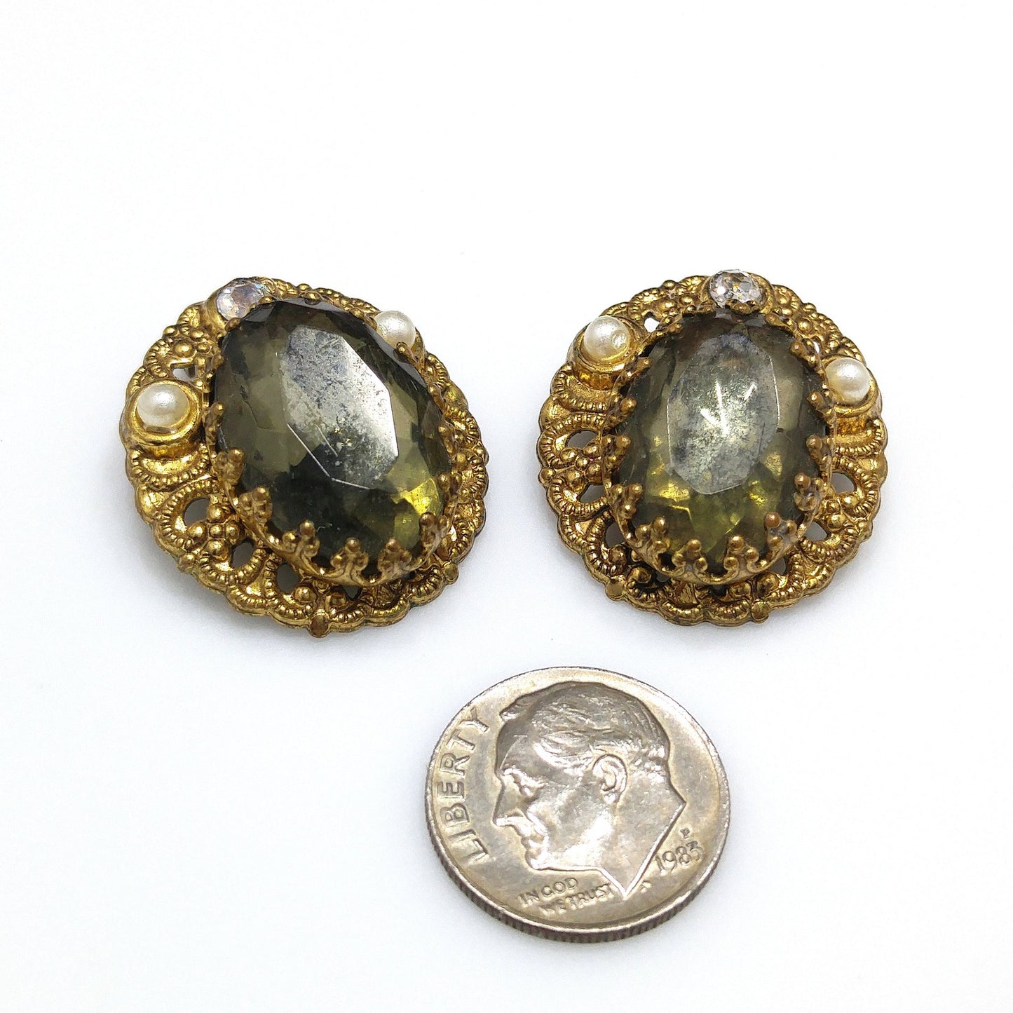 West Germany Gray Green Clip Earrings, Clear Glass & Faux Pearls, 1950s Vintage Jewelry