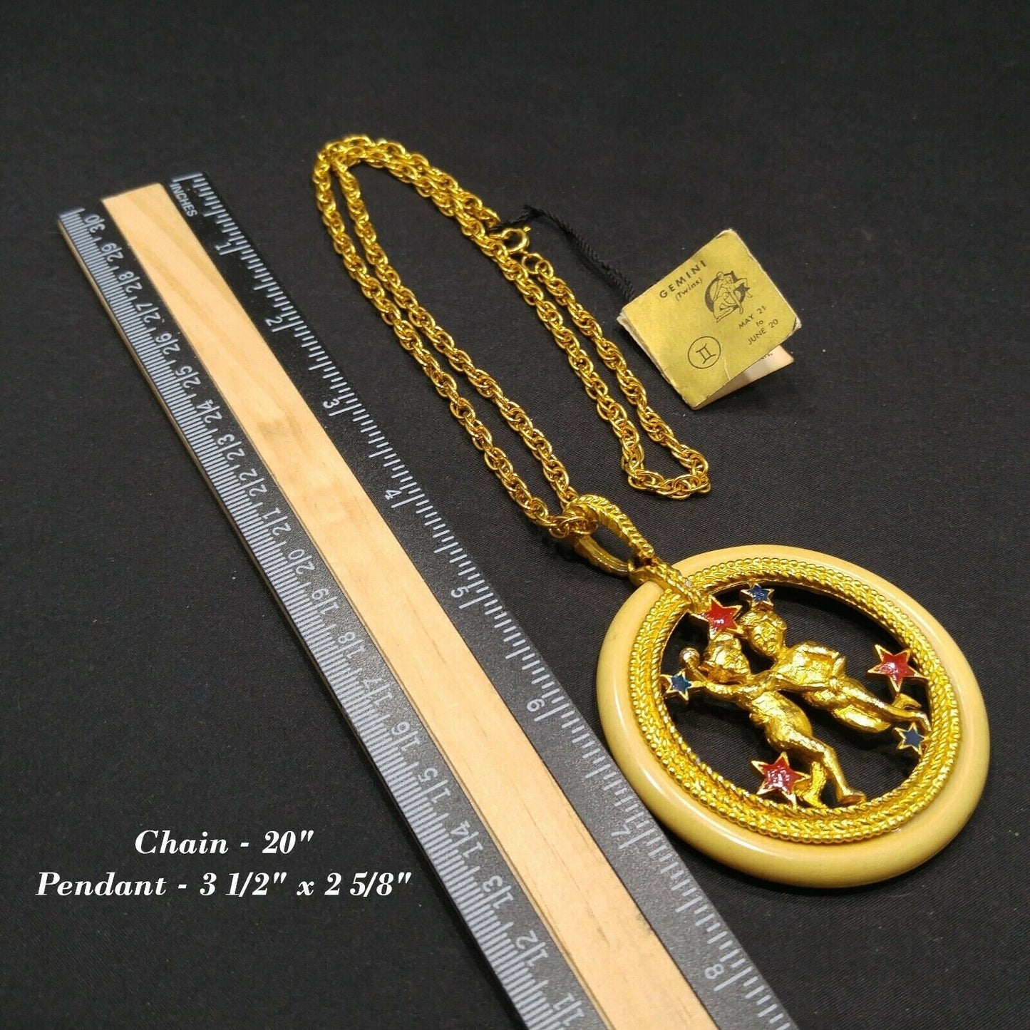 Vintage Zodiac Gemini Enamel Lucite Pendant Necklace, Original Tag, 1960s Vintage Jewelry