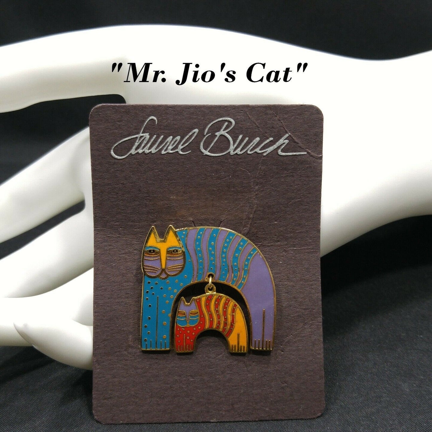 Laurel Burch Mr Jios Cat Vintage Brooch, Cloisonne Gold Plated 1980s