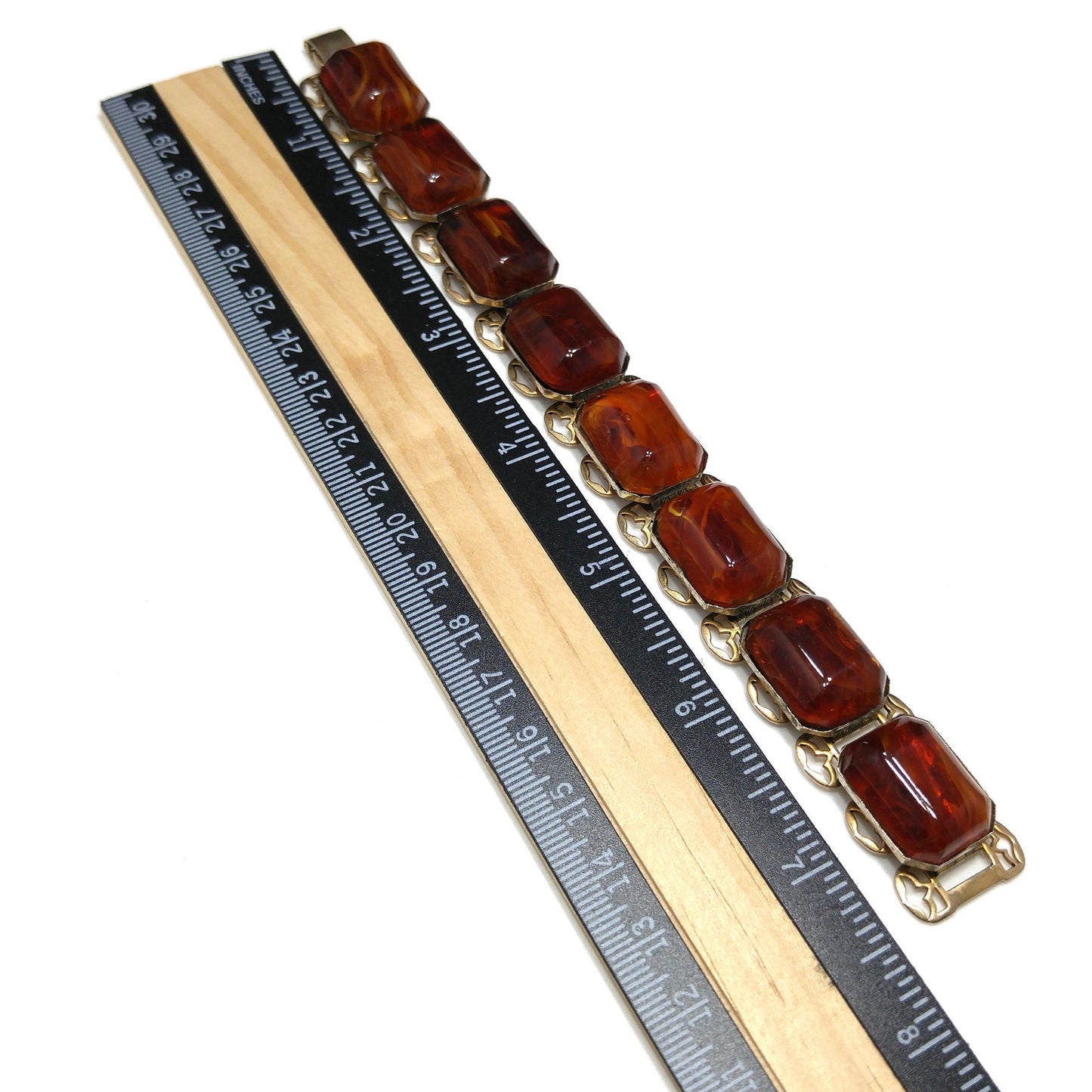 Book Chain Brown Art Glass Bracelet, Victorian Revival, Gold Plated, 1950s Vintage Jewelry