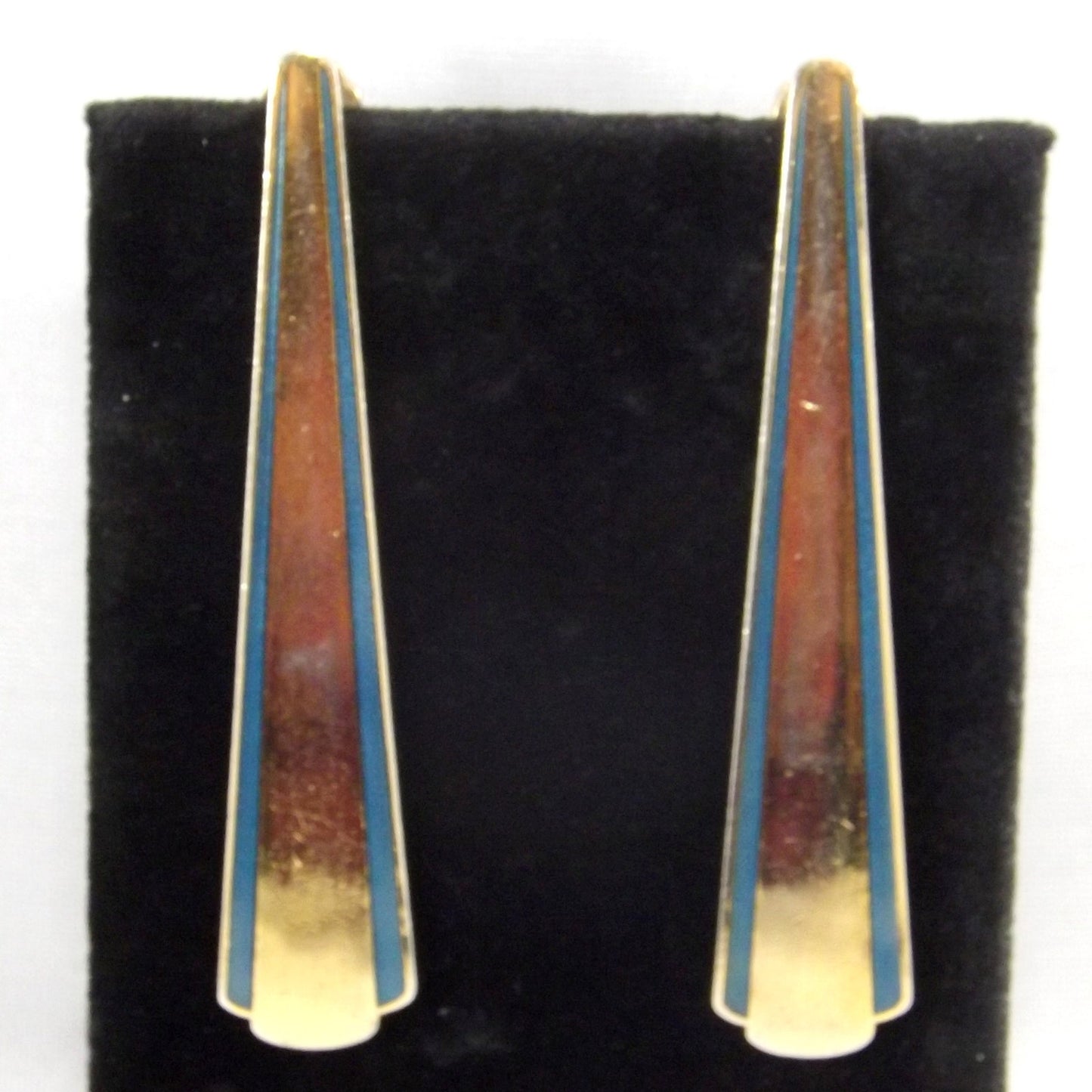 Laurel Burch Blue Enamel Long Post Earrings, Gold Plated, 1980s Vintage Jewelry