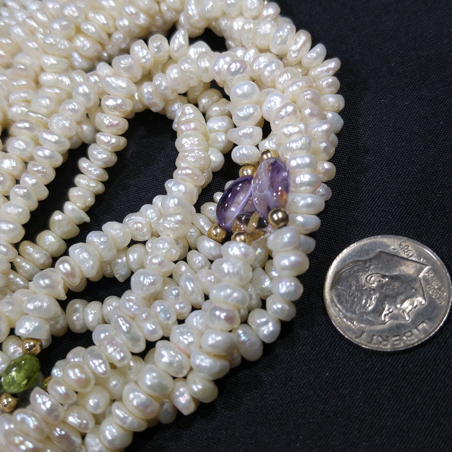 Sand Pearls & Gemstones Long Twisted Necklace, 4 Strands, No Clasp, 1970s Vintage Jewelry