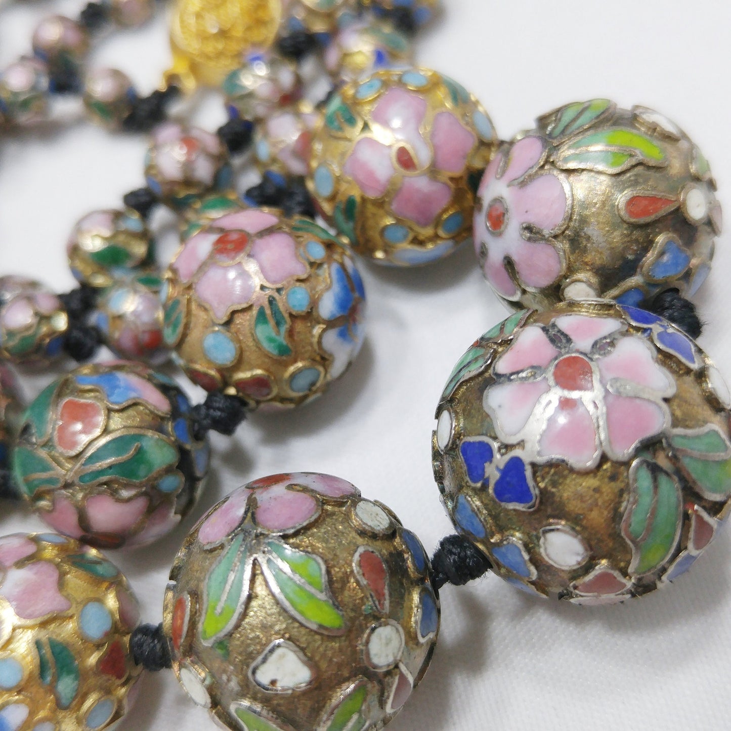 Vintage Cloisonne Beaded Necklace, Hand Knotted, Hand Painted Floral Beads, 1960