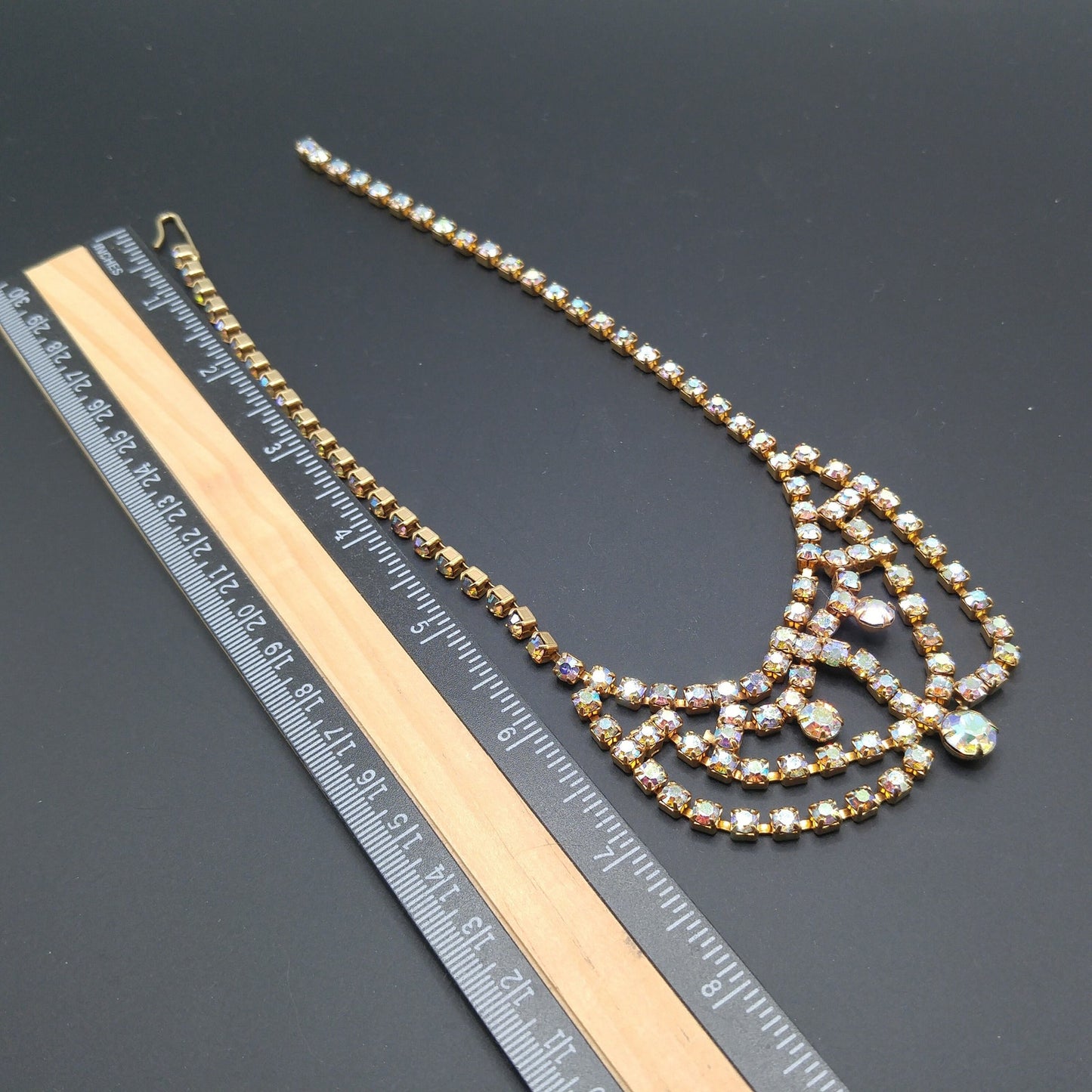 Aurora Borealis Rhinestone Choker Necklace, Gold Plated, 1960s Vintage Jewelry