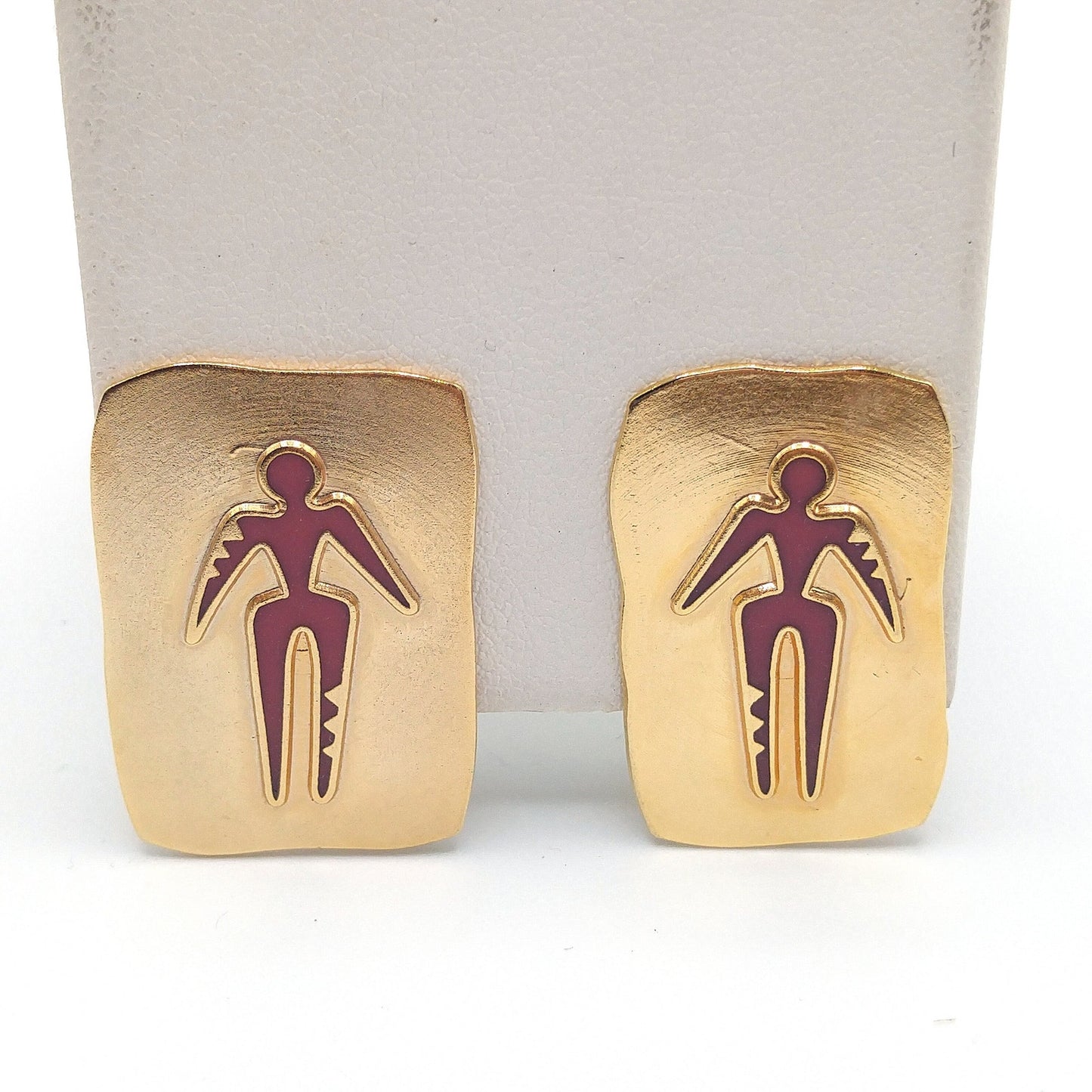 Vintage Laurel Burch "Old Soul" Clip Earrings, Red Enamel, Gold Plated
