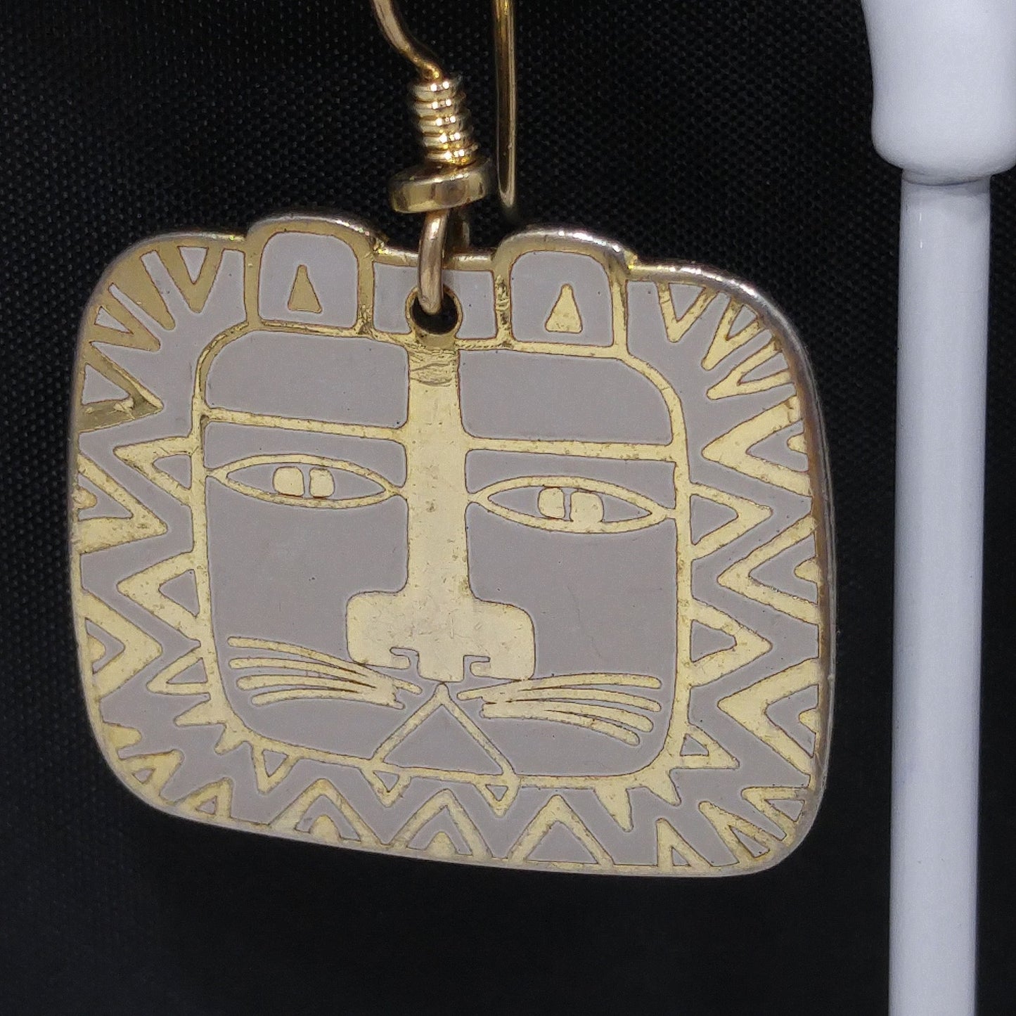 Vintage Laurel Burch "Cat Spirit" Earrings, Cream White Enamel, Gold Plated