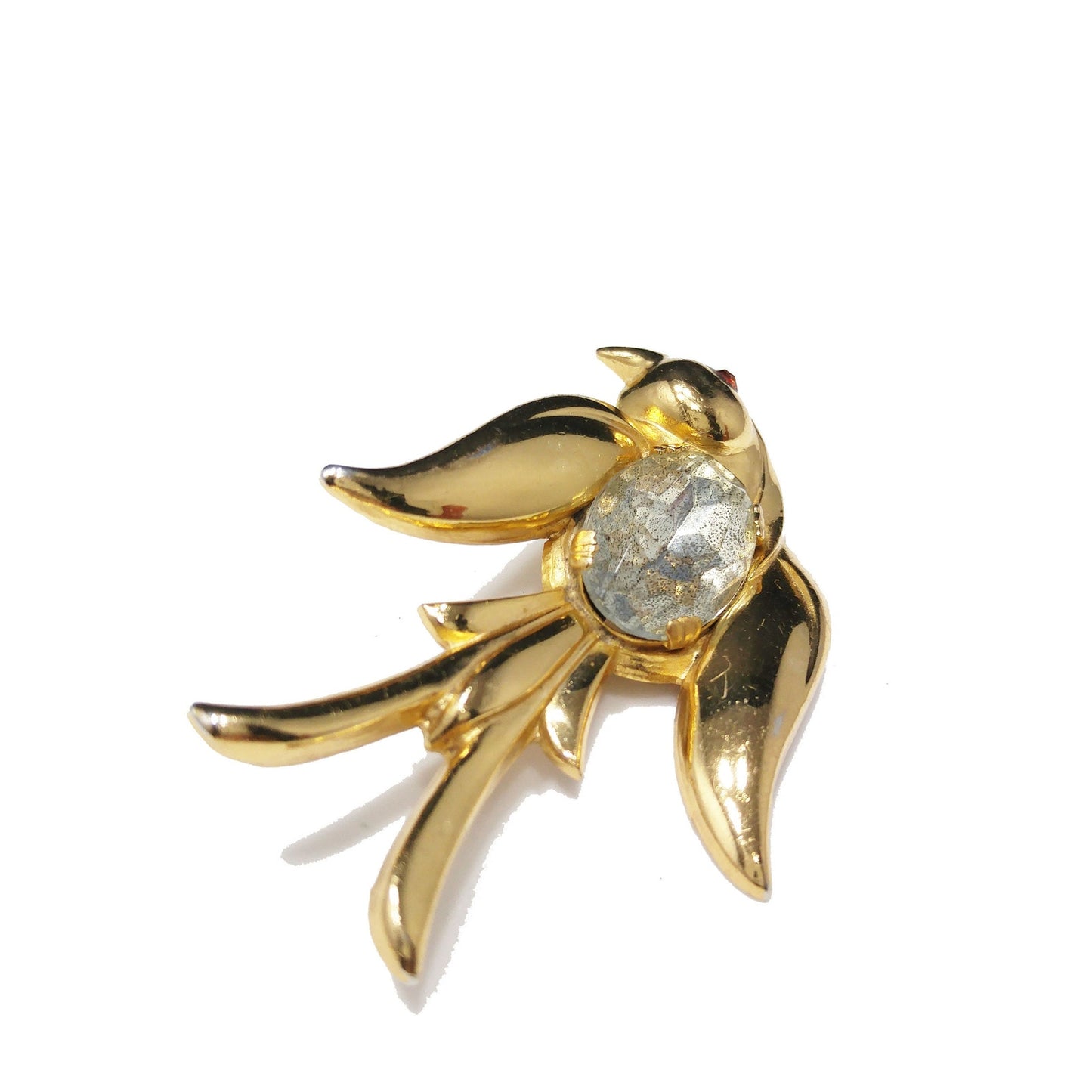 Coro Pegasus Bird Brooch, Clear Faceted Rhinestone Red Eye, 1940s Vintage Jewelry