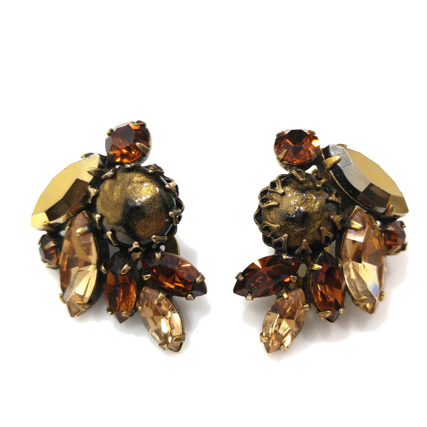 Regency Topaz & Gold Rhinestones Brooch Earrings Set, Gold Faux Pearls, 1950s Vintage Jewelry