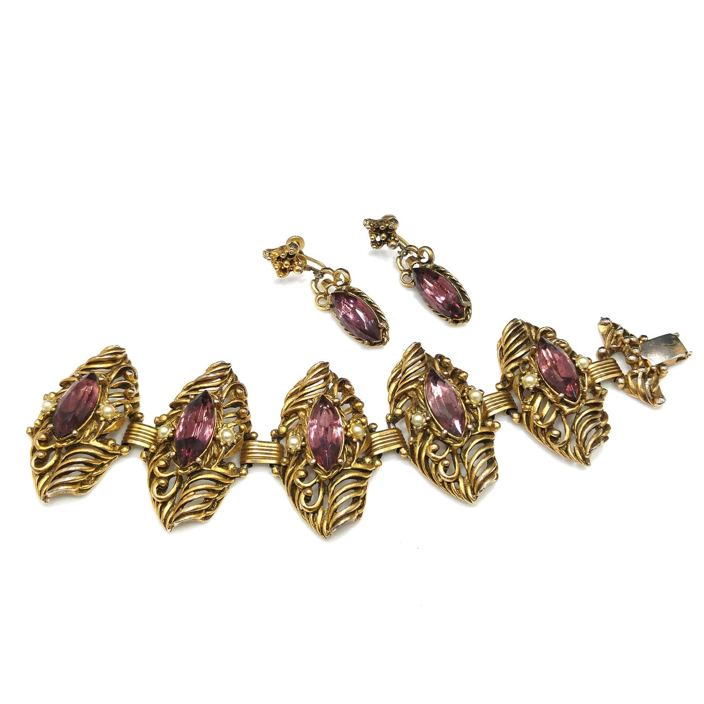 Mid-Century Purple Rhinestone Wide Bracelet Dangle Earrings Set, 1950s Vintage Jewelry
