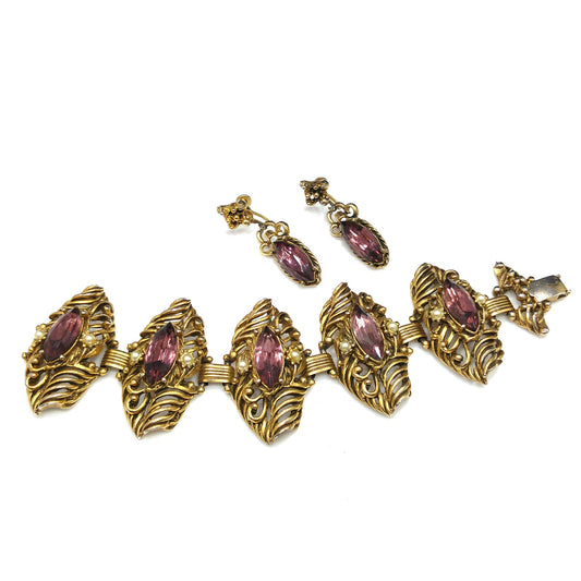Mid-Century Purple Rhinestone Wide Bracelet Dangle Earrings Set, 1950s Vintage Jewelry