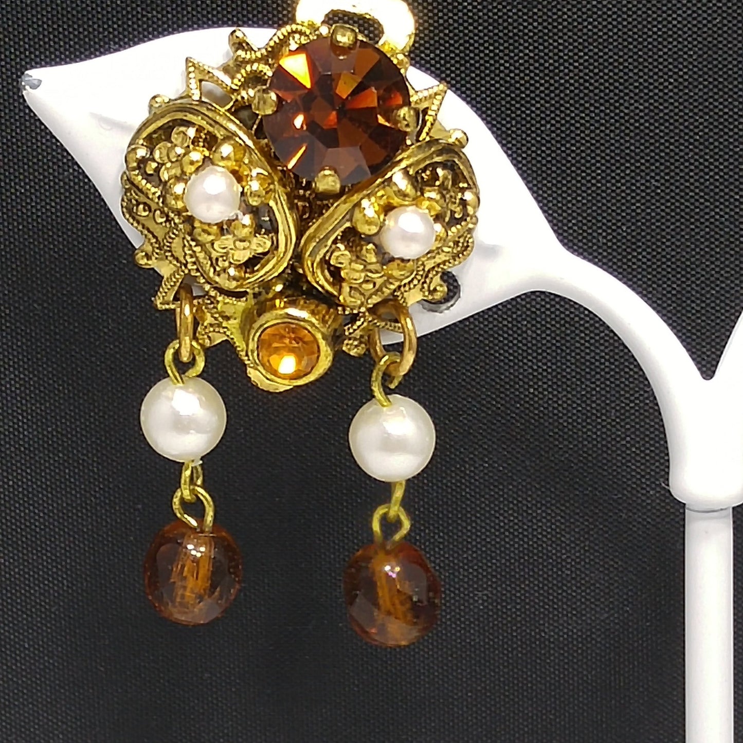 Western Germany Topaz Filigree Clip Earrings, Faux Pearls, 1950s Vintage Jewelry