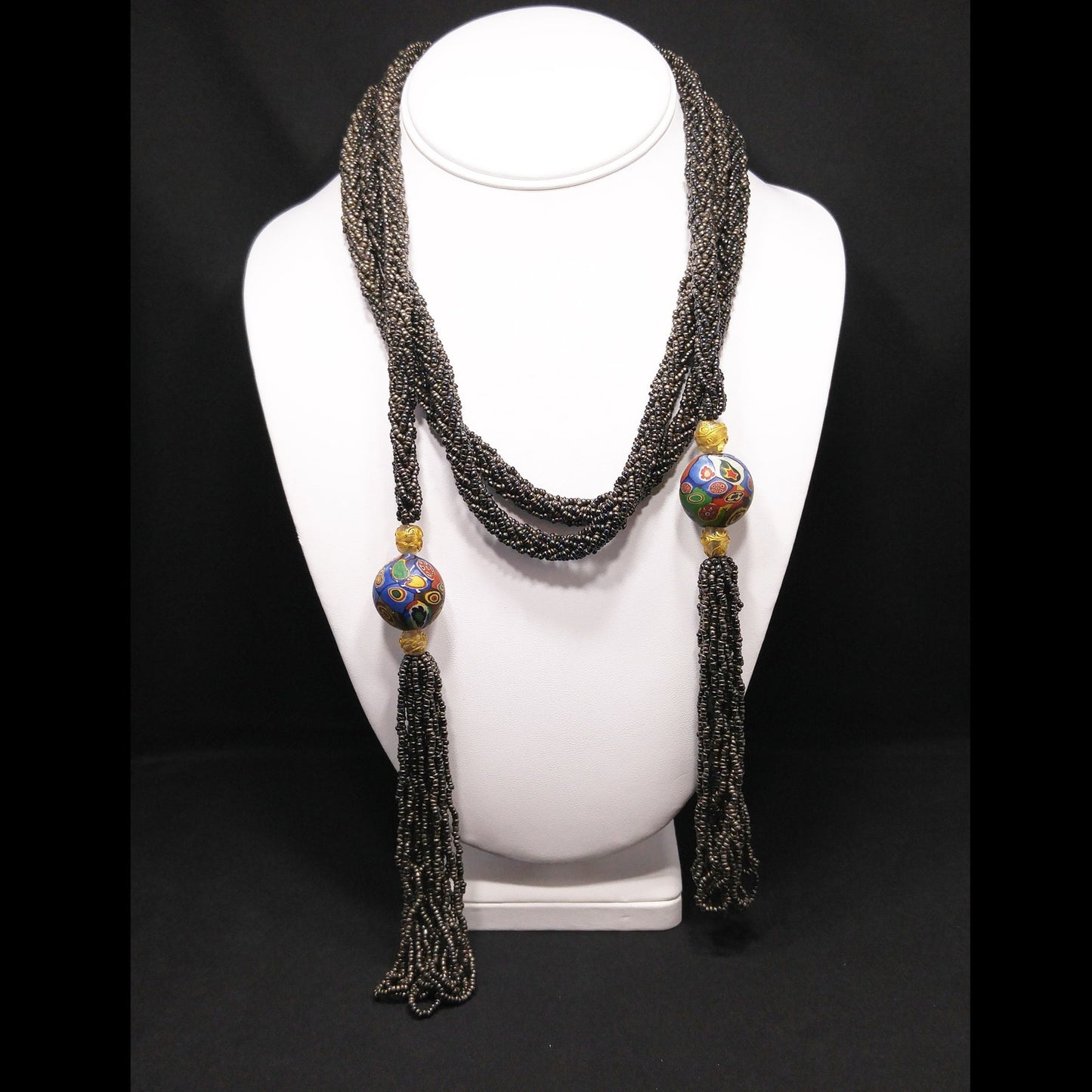 Vintage Art Deco Murano Millefiori Seed Bead Lariat Flapper Necklace, 1920s