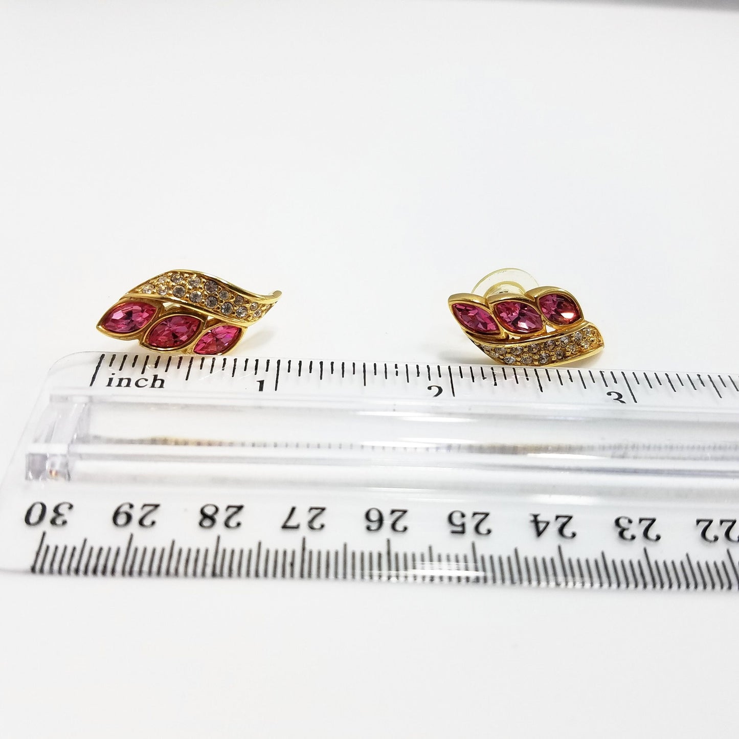 S. A. L. Swarovski Pink Rhinestone Earrings, Gold Plated Post Earrings, 1980s