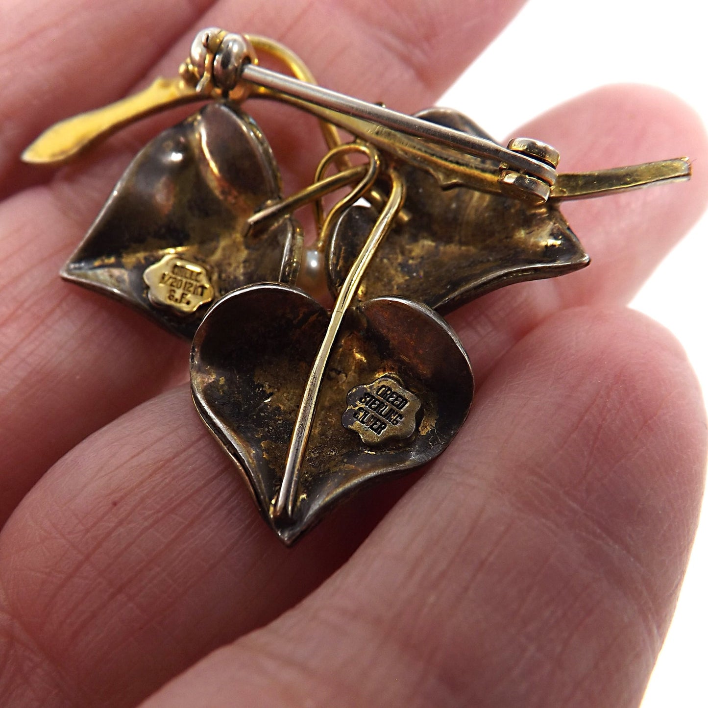 Vintage CREED Sterling Silver Floral Brooch with 12K GF & Pearl, Mid-Century