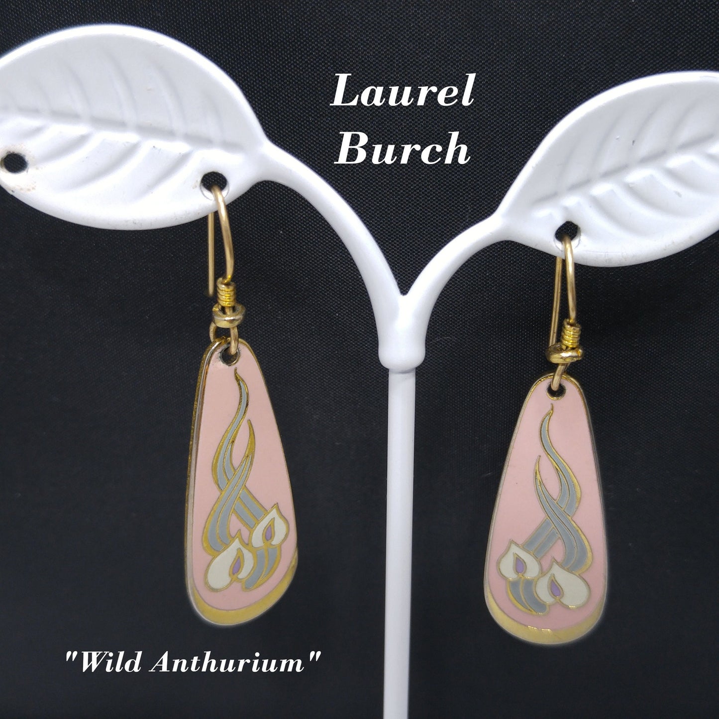 Laurel Burch "Wild Anthurium" Pink Dangle Earrings, Gold Plated, Cloisonné Enamel, 1980s Vintage Jewelry