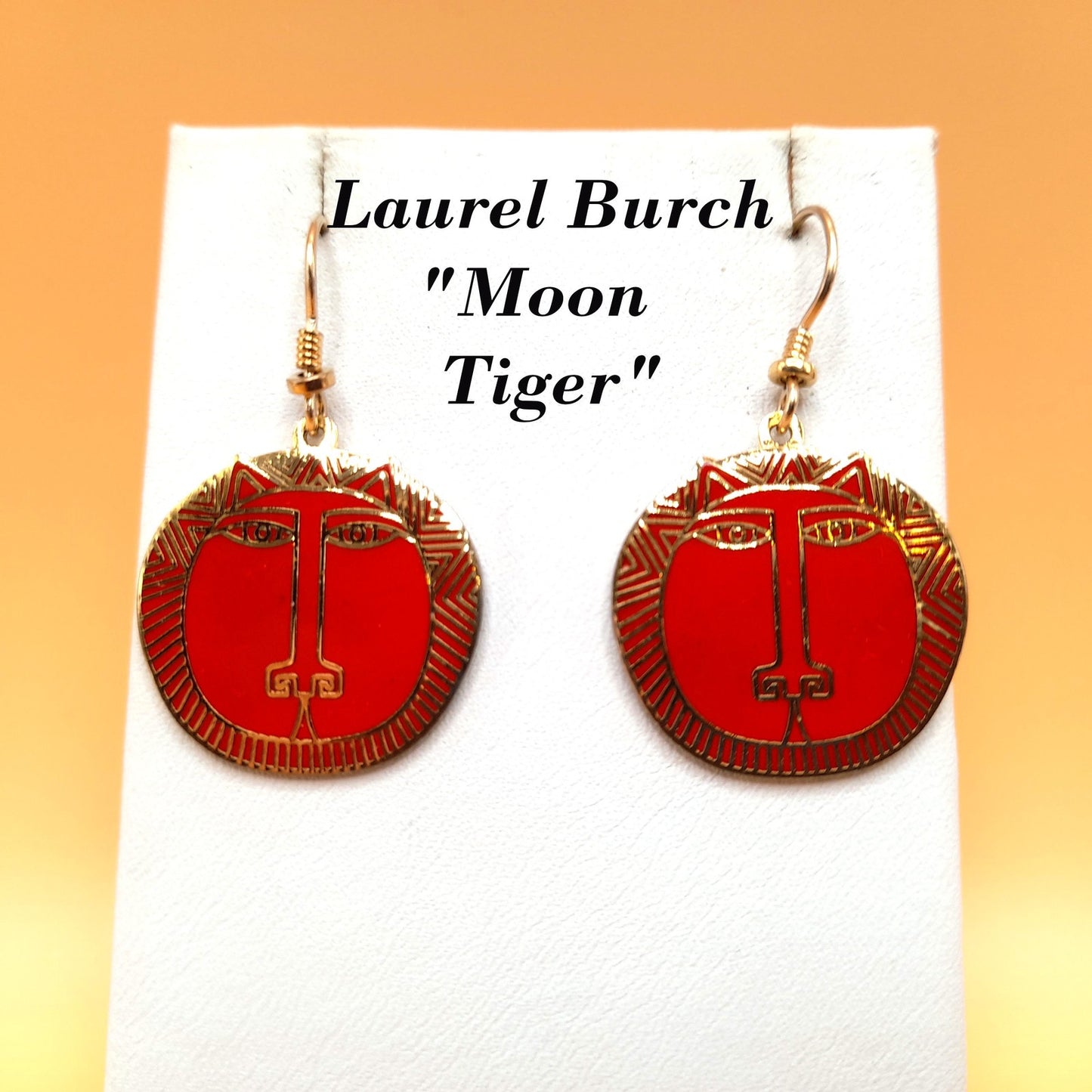 Laurel Burch "Moon Tiger" Red Drop Earrings, Gold Plated Cloisonné, Red Enamel, 1980s Vintage Jewelry