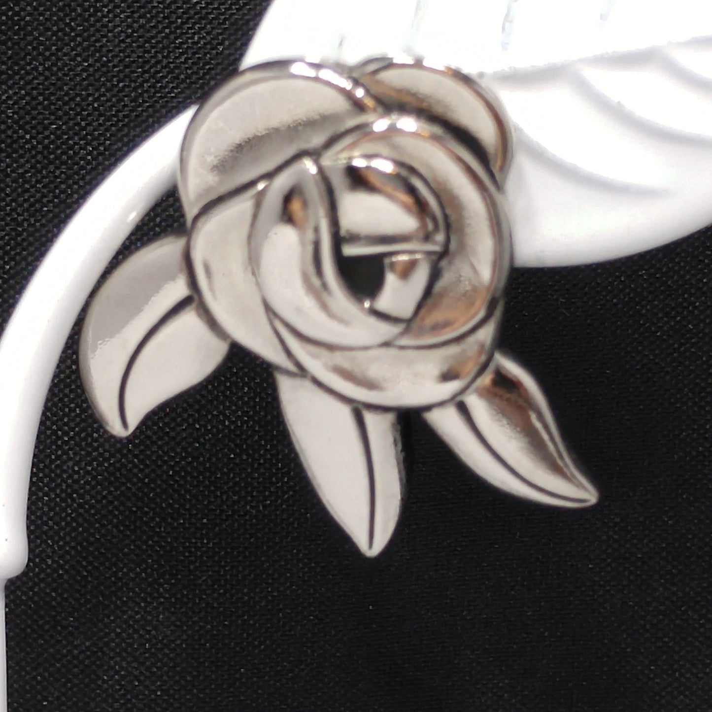 Vintage Laurel Burch Deco Rose Earrings, Rhodium Plated, Black Enamel, 1980s