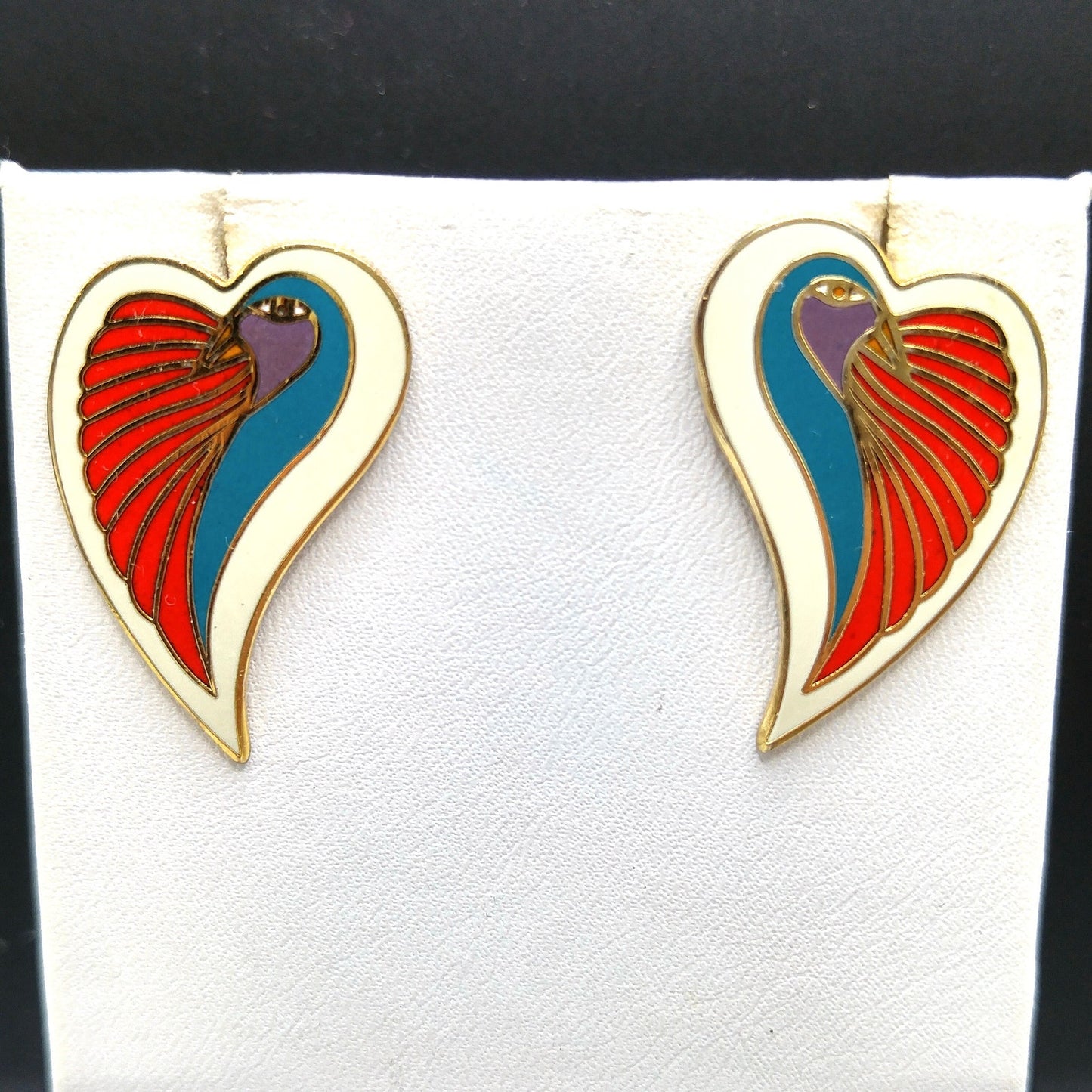 Vintage Laurel Burch "Dove Heart" Post Earrings, Cloisonne Enamel, Gold Plated