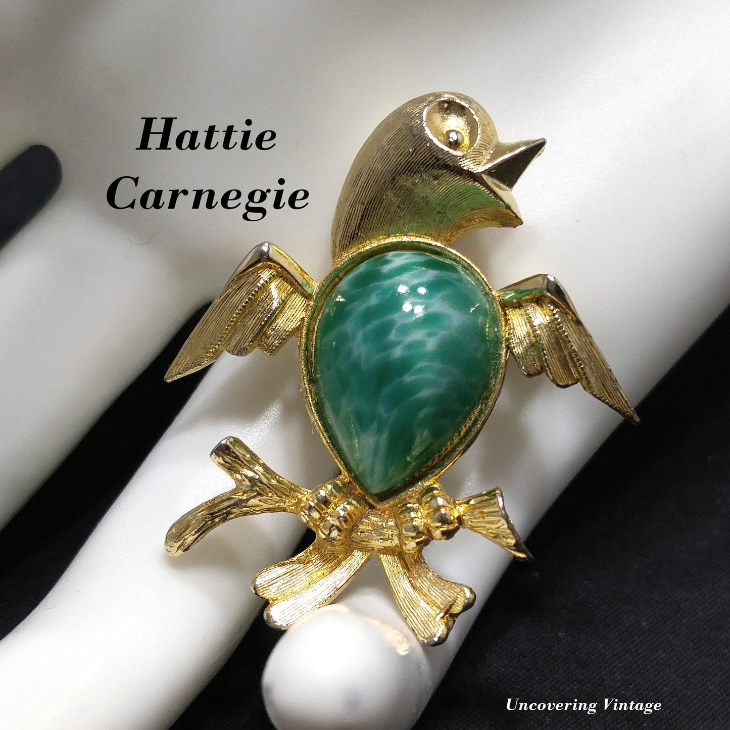 Hattie Carnegie Peking Glass Bird Brooch, 1960s Vintage Jewelry