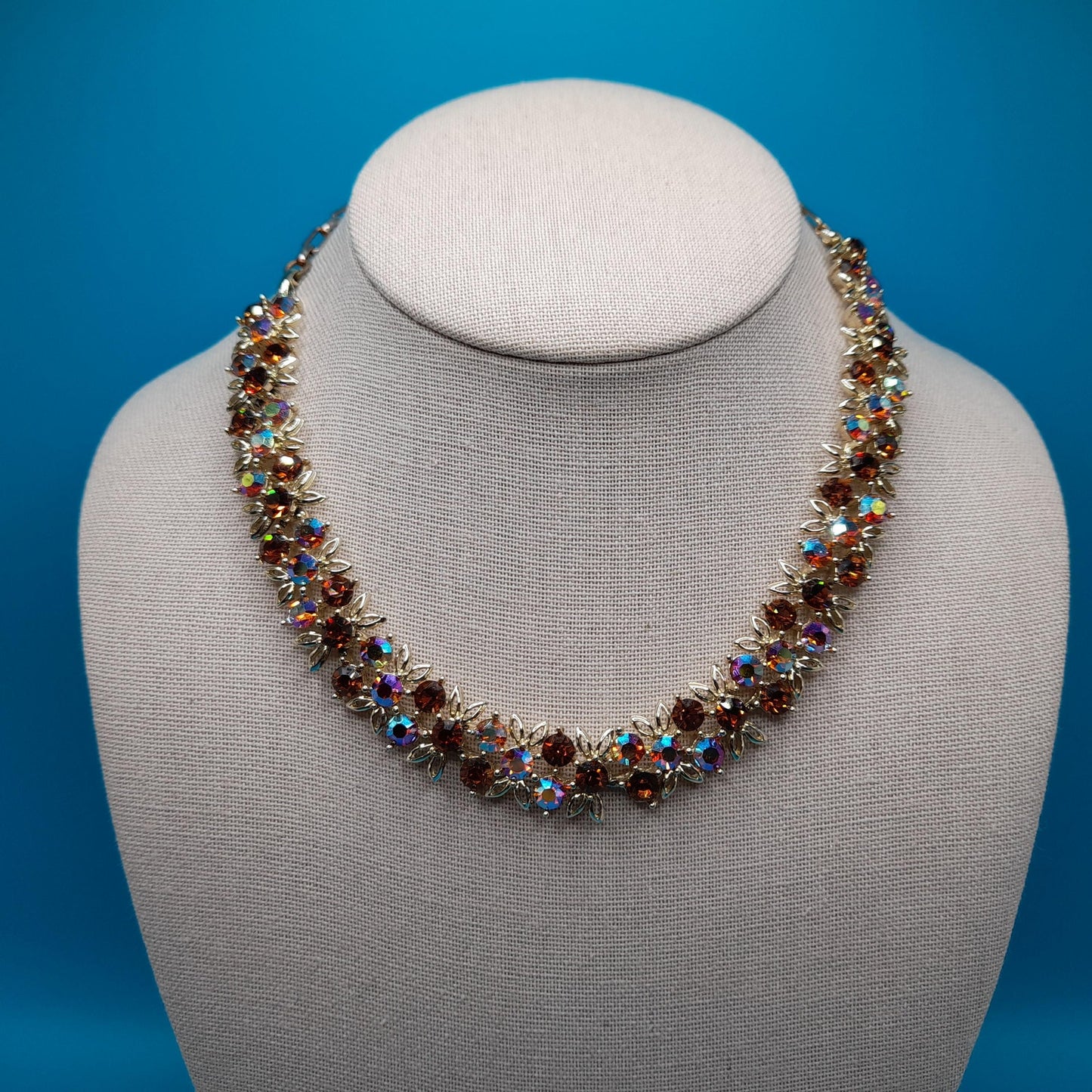 Vintage Topaz Aurora Borealis Choker Necklace, Gold Tone, 1960s, 16"