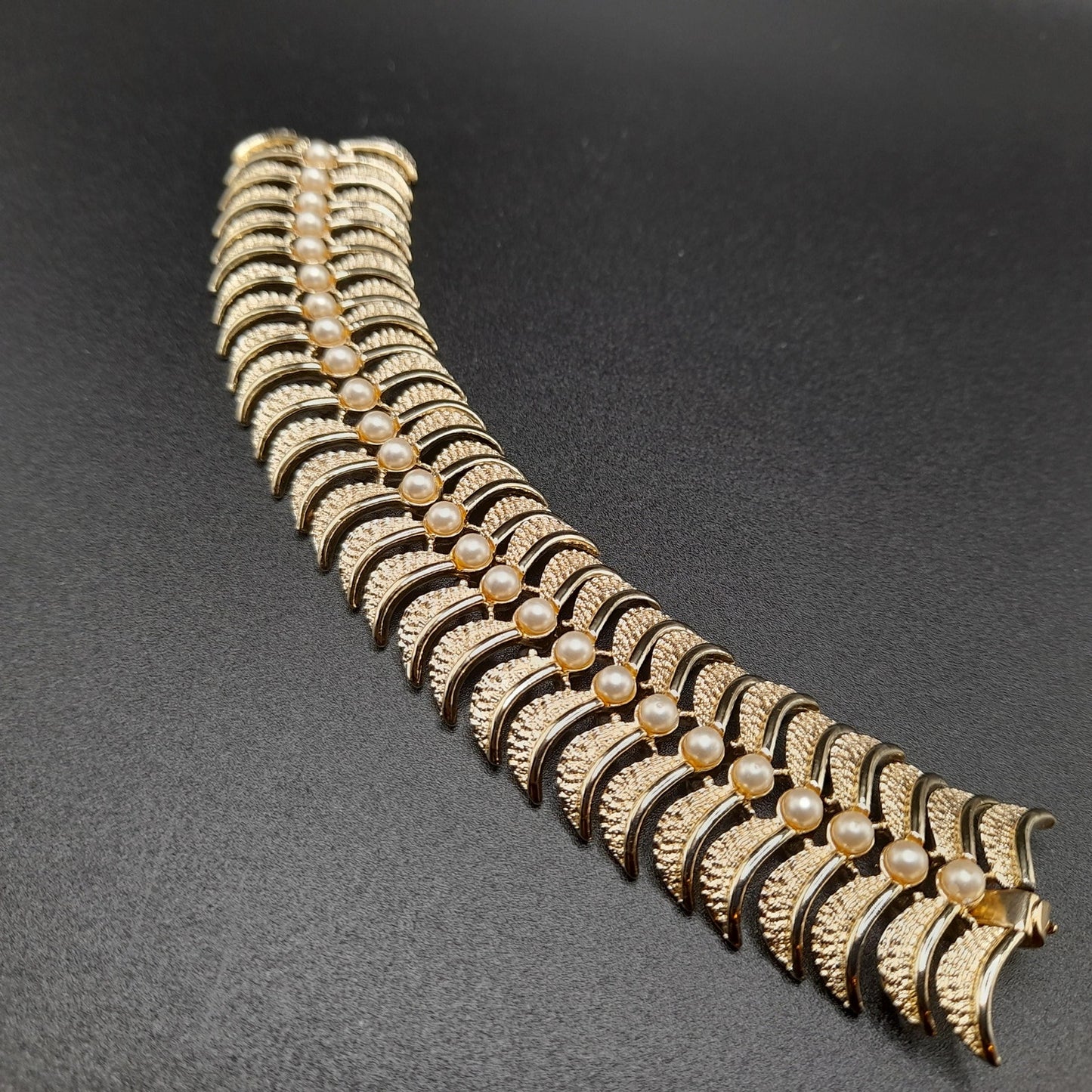 Vintage Kramer Wide Bracelet, Faux Pearls, Gold Plated, 1960s Jewelry