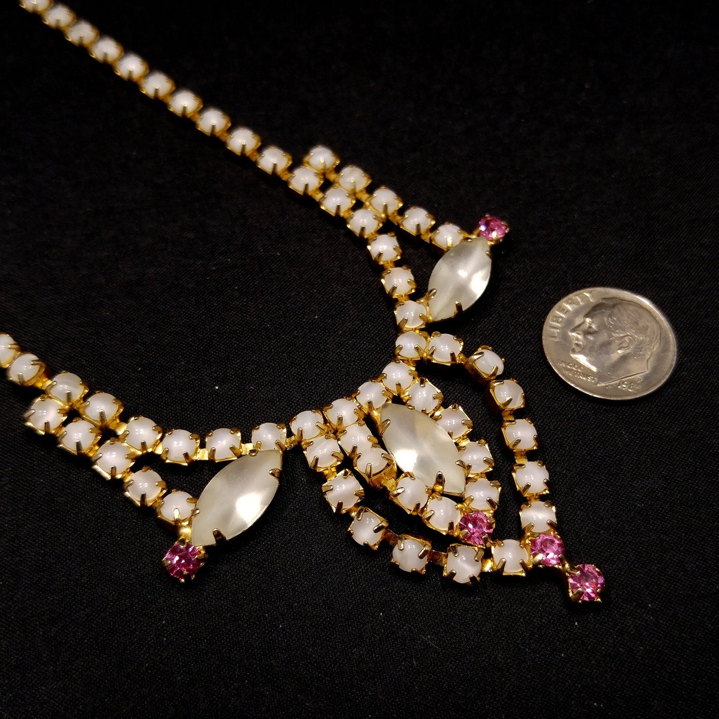 Frosty White Pink Rhinestone Necklace, Gold Plated, 1960s Vintage Jewelry