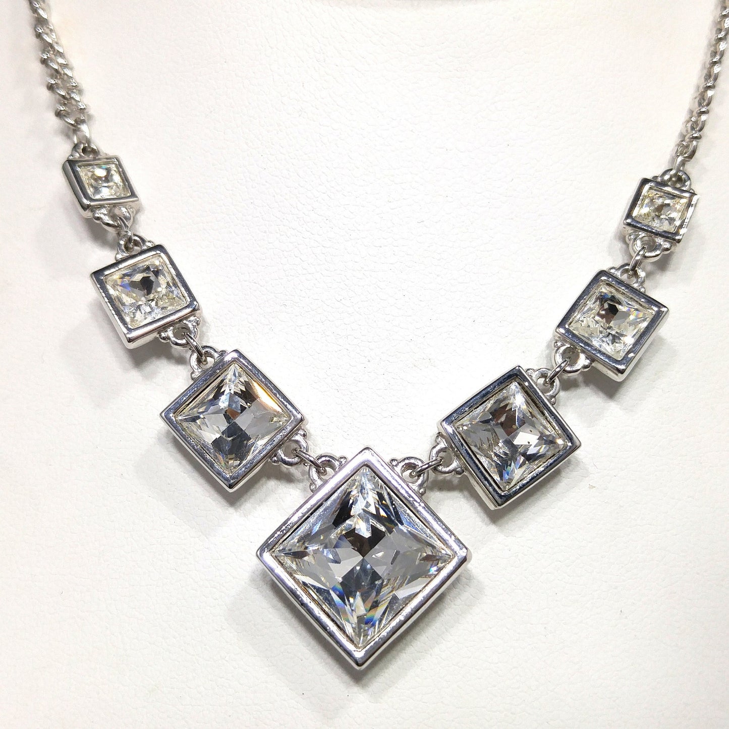Vintage Swarovski Choker Necklace – Clear Crystal Squares, Rhodium Plated, 1990s