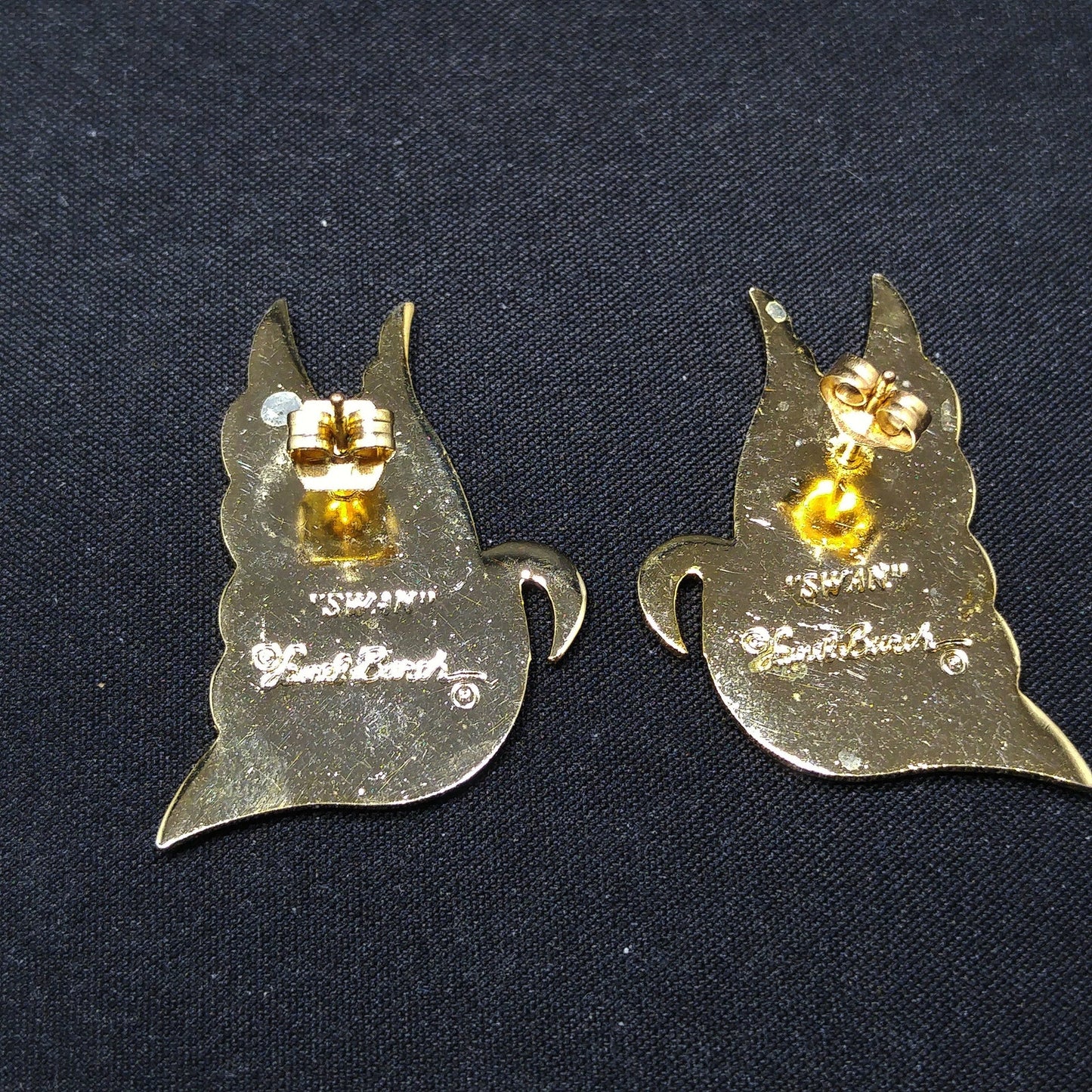 Laurel Burch "Swan" Cloisonné Post Earrings, Red Purple Pink Blue Enamel, Gold Plate, 1980s Vintage Jewelry