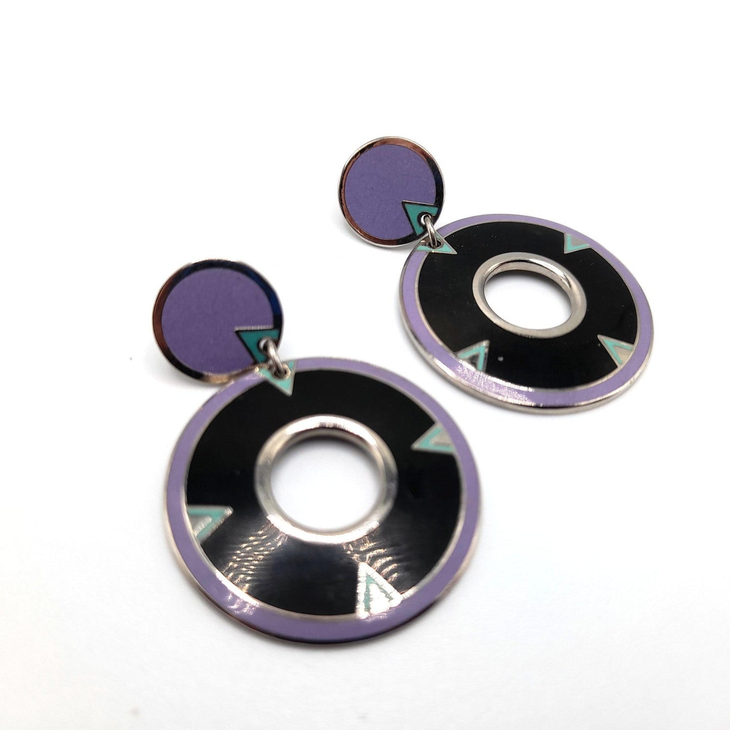 Laurel Burch "Summer Moon" Drop Earrings, Cloisonne Enamel, Rhodium Plate, Rare 1980s Vintage Jewelry
