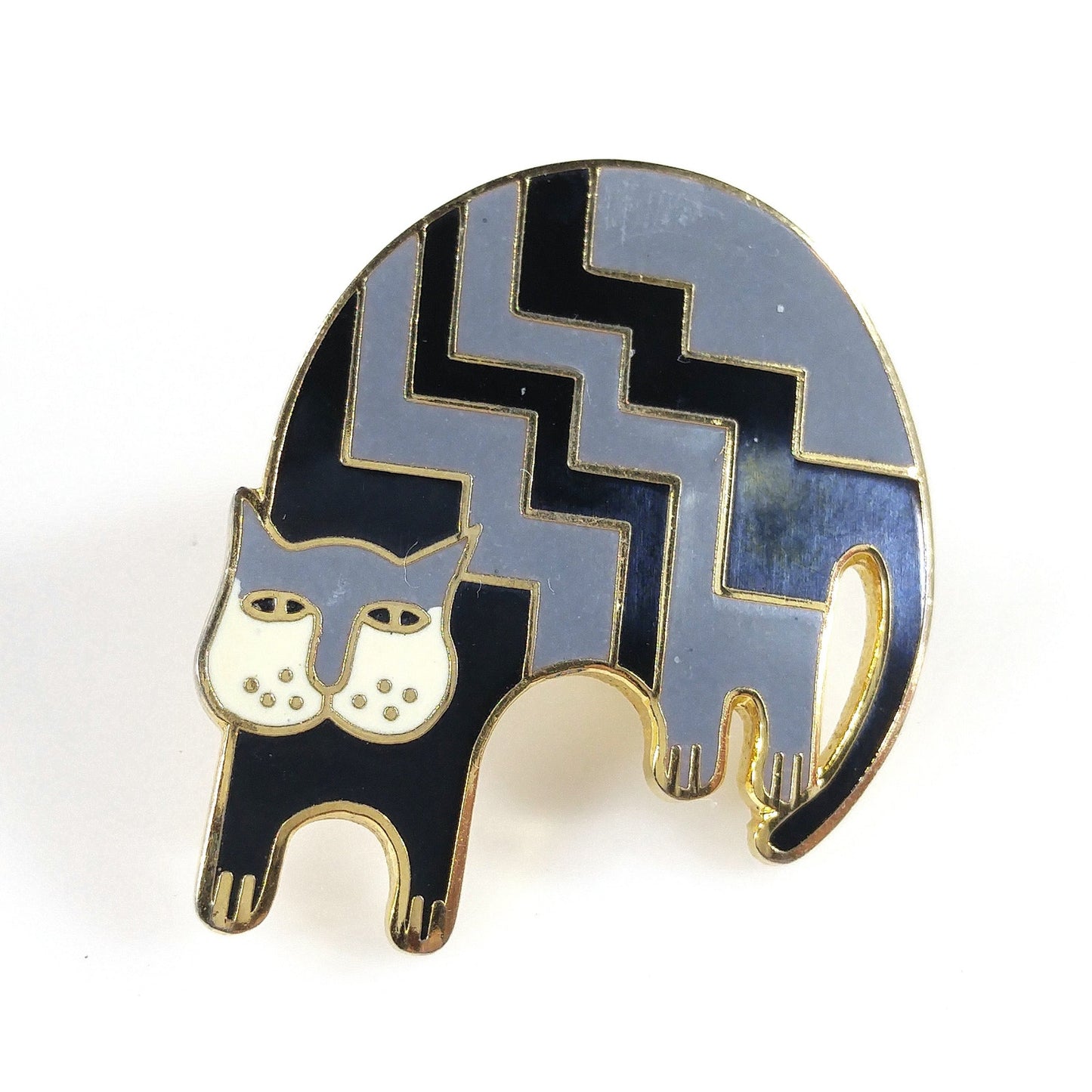 Vintage Laurel Burch "Aztec Cat" Post Earrings, Gold Plated, Black Gray Enamel
