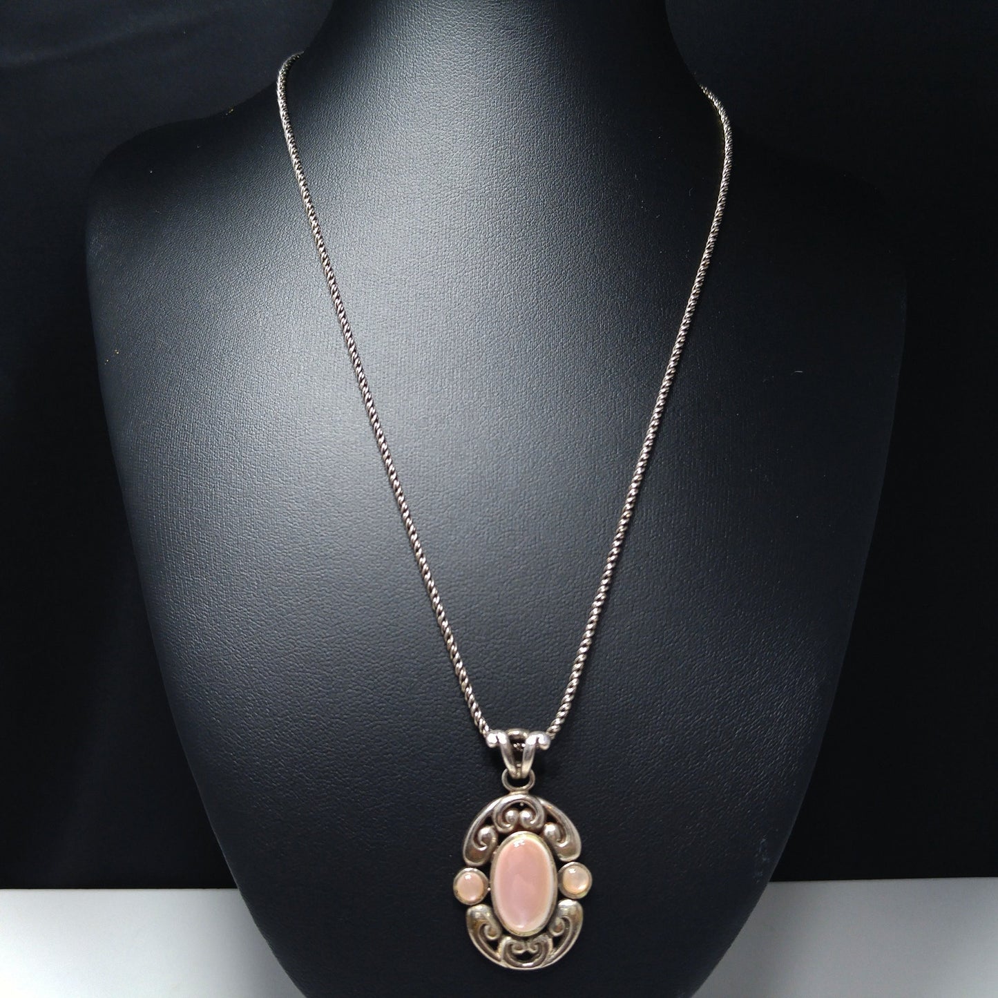 Barse Sterling Silver Pink Necklace, Large Pink Pearled Cabochon, 1990s Vintage Jewelry