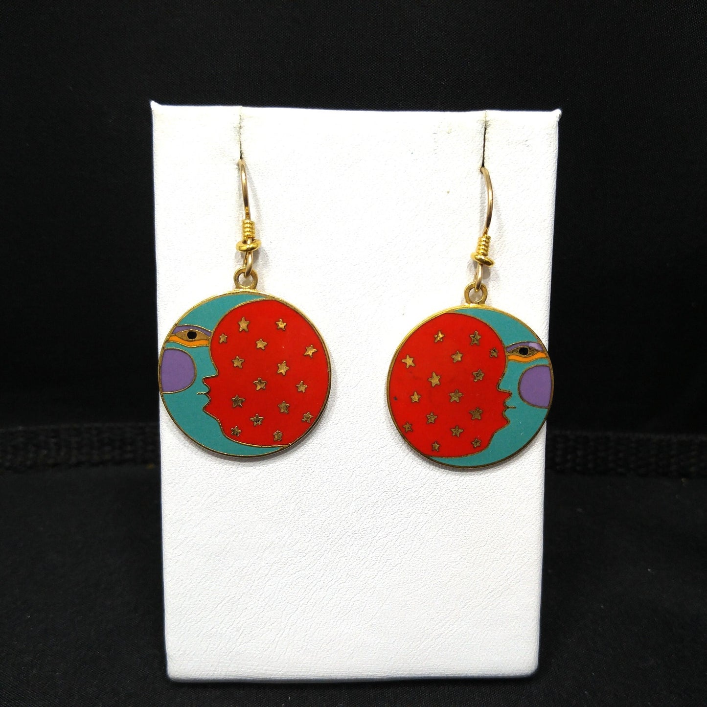 Vintage Laurel Burch "Moonface" Earrings, Moon Sky Stars Celestial, 1980s Vintage Jewelry