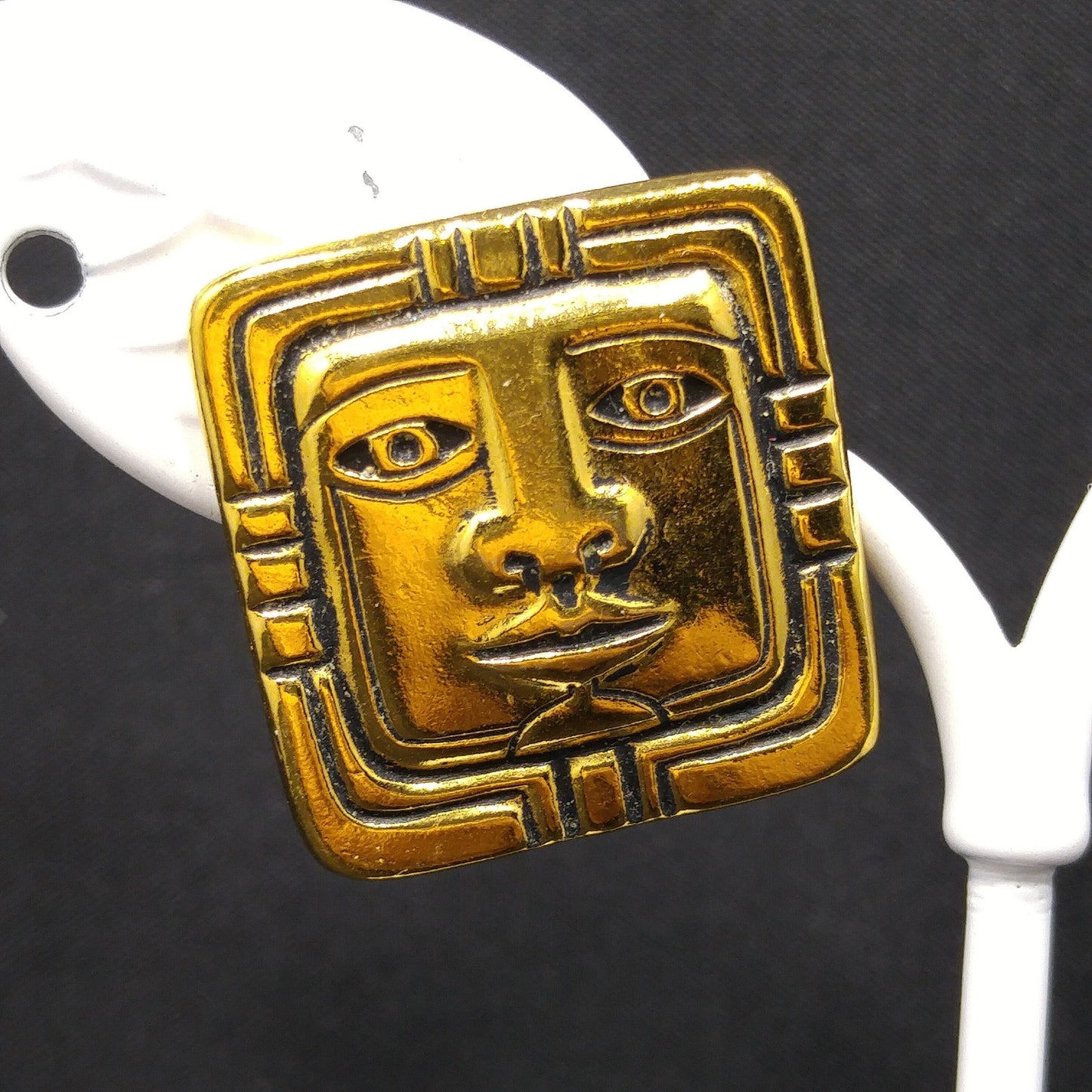 Vintage Laurel Burch Aztec Face Post Earrings, Gold Plated