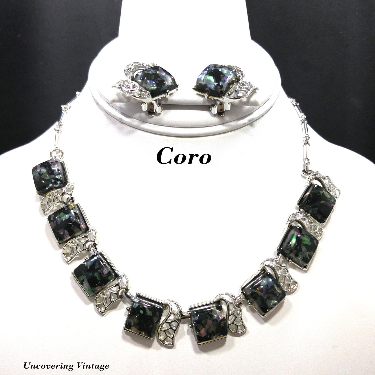 Coro Confetti Lucite Necklace Clip Earrings, 1950s Vintage Jewelry