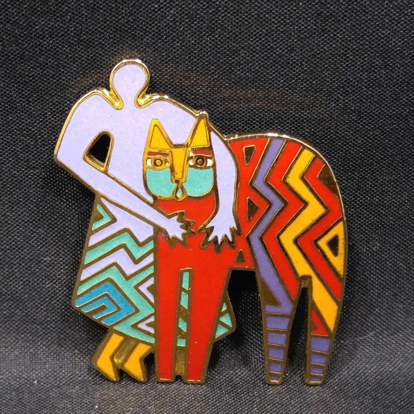 Laurel Burch Vintage "Best Friends" Brooch, Gold Plated Cloisonne Enamel, 1980s Vintage Jewelry