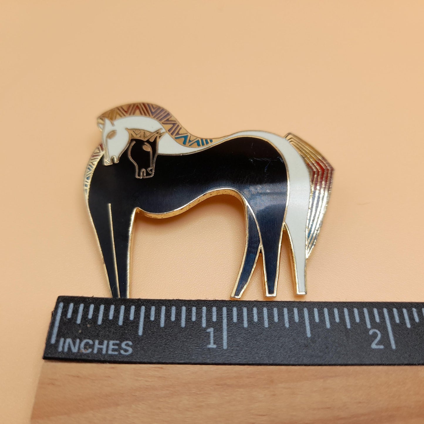 Laurel Burch "Embracing Horses" Brooch, Gold Plated, Black White Horse, 1980s Vintage Jewelry