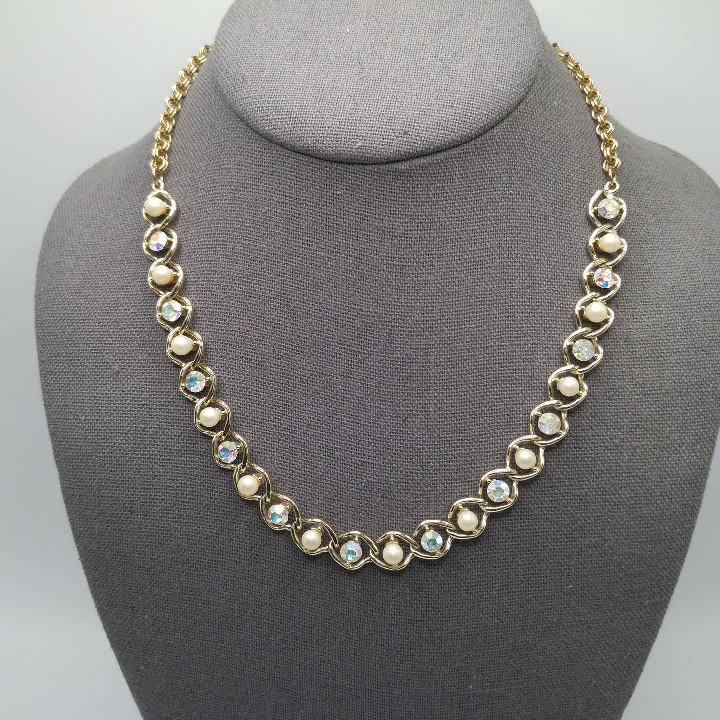 Mid-Century Faux Pearl AB Rhinestone Necklace, Aurora Borealis, 1960s Vintage Jewelry