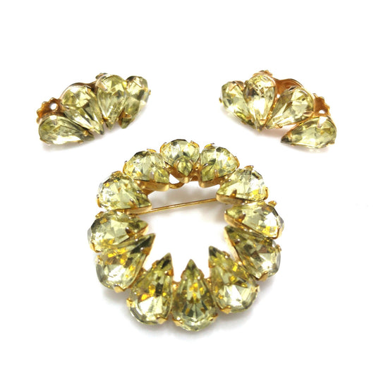 Jonquil Teardrop Rhinestone Brooch & Earrings, Gold Plated, 1950s Vintage Jewelry