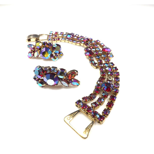 Red Aurora Borealis Bracelet Clip Earrings Set, 1960s Vintage Jewelry