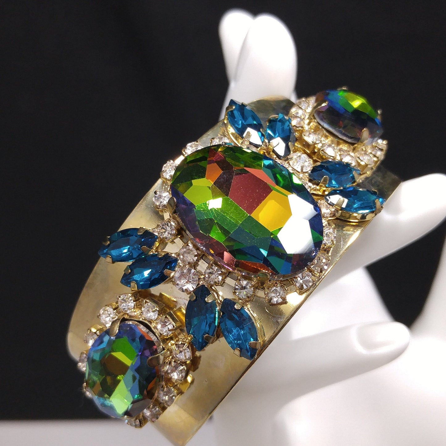 Brass Cuff Bracelet, Watermelon Crystal Rhinestones, Golden Brass, Clear & Sapphire Blue Rhinestones, Vintage Jewelry